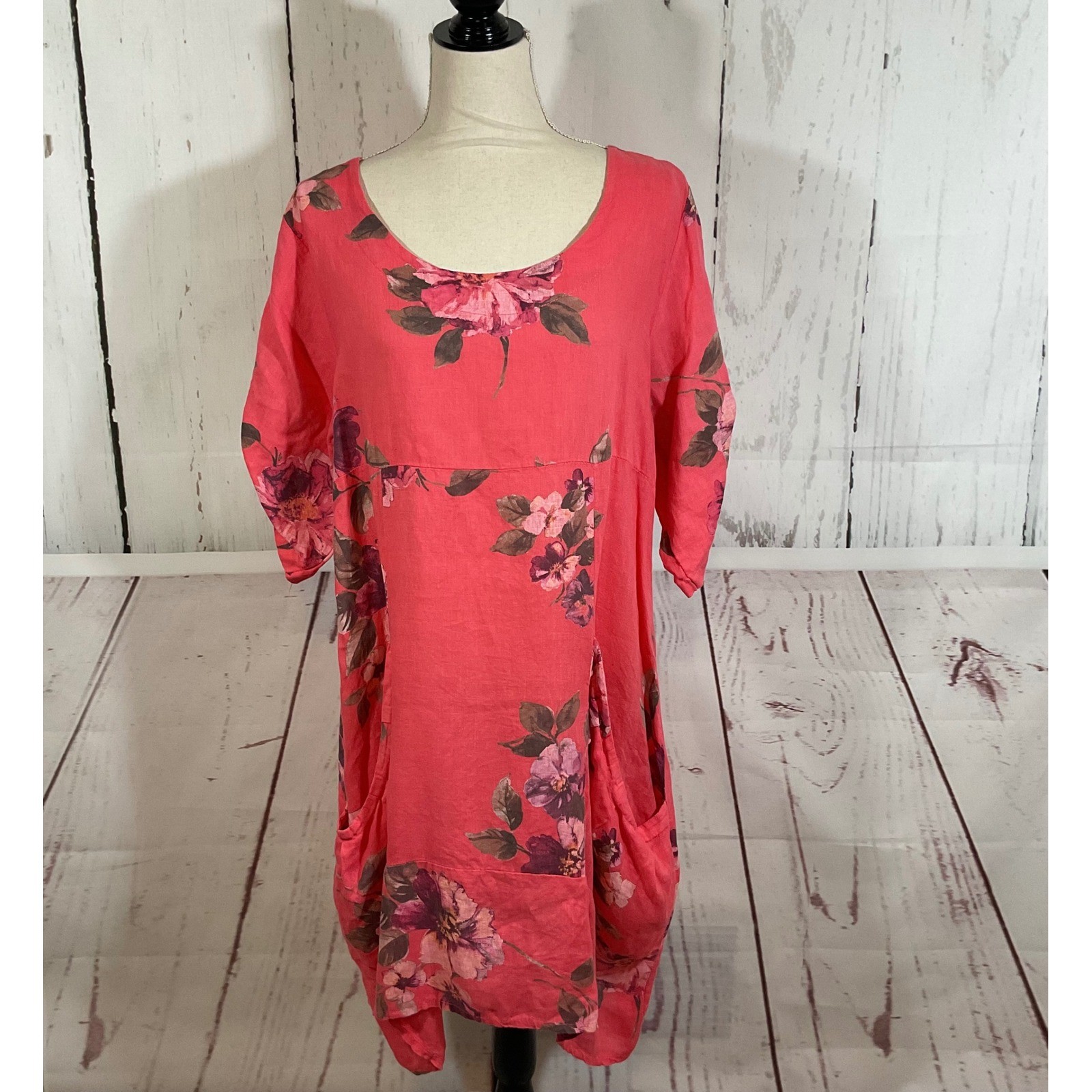 Vasna Italy Linen Dress M Coral Floral Lagenlook Pockets Roll Tab Sleeve Coastal