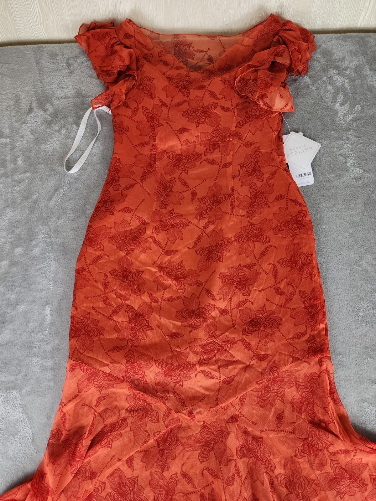 Azazie Atelier Amaria Orange Floral Ruffle Maxi Dress, Zip Closure, Women 10