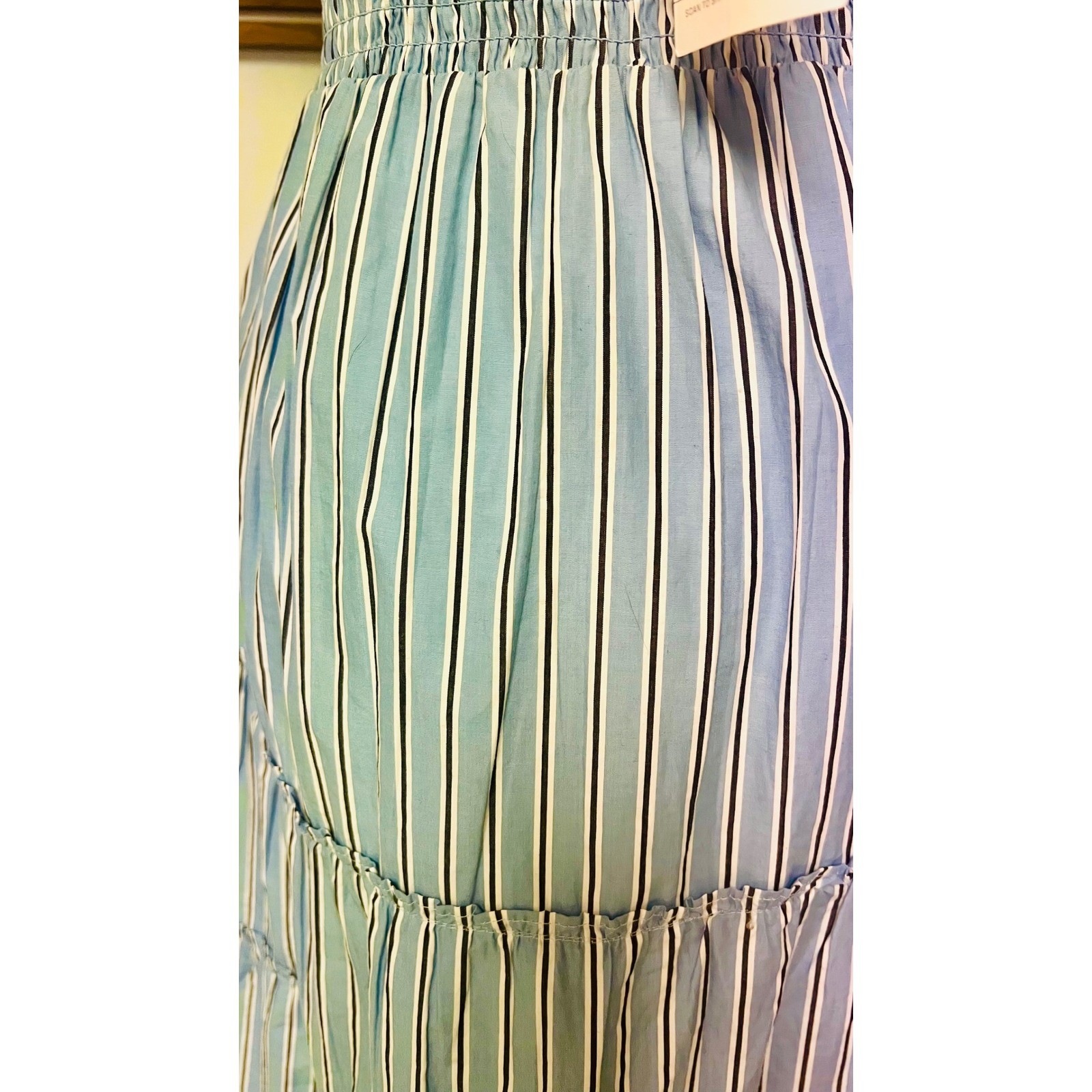 Quince Blue Tribeca Stripe Organic Cotton Poplin Smocked Midi Dress XS NWT