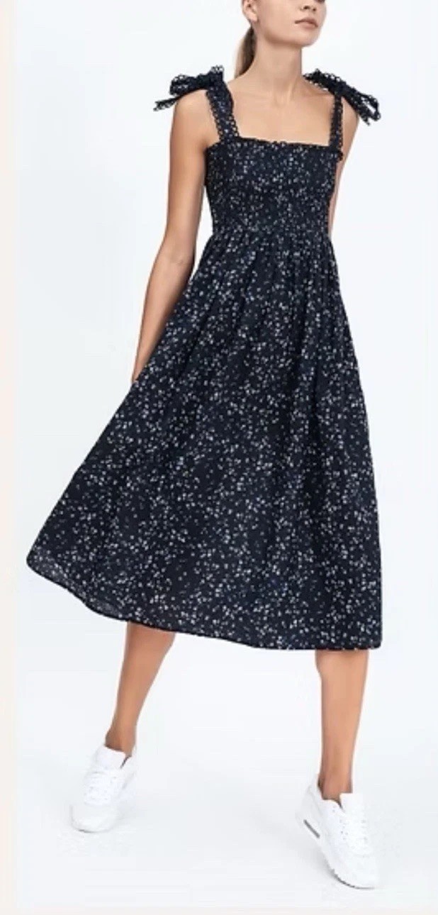 Anthropologie Maia Bergman Simone Smocked Black Floral Eyelet Midi Dress Size S
