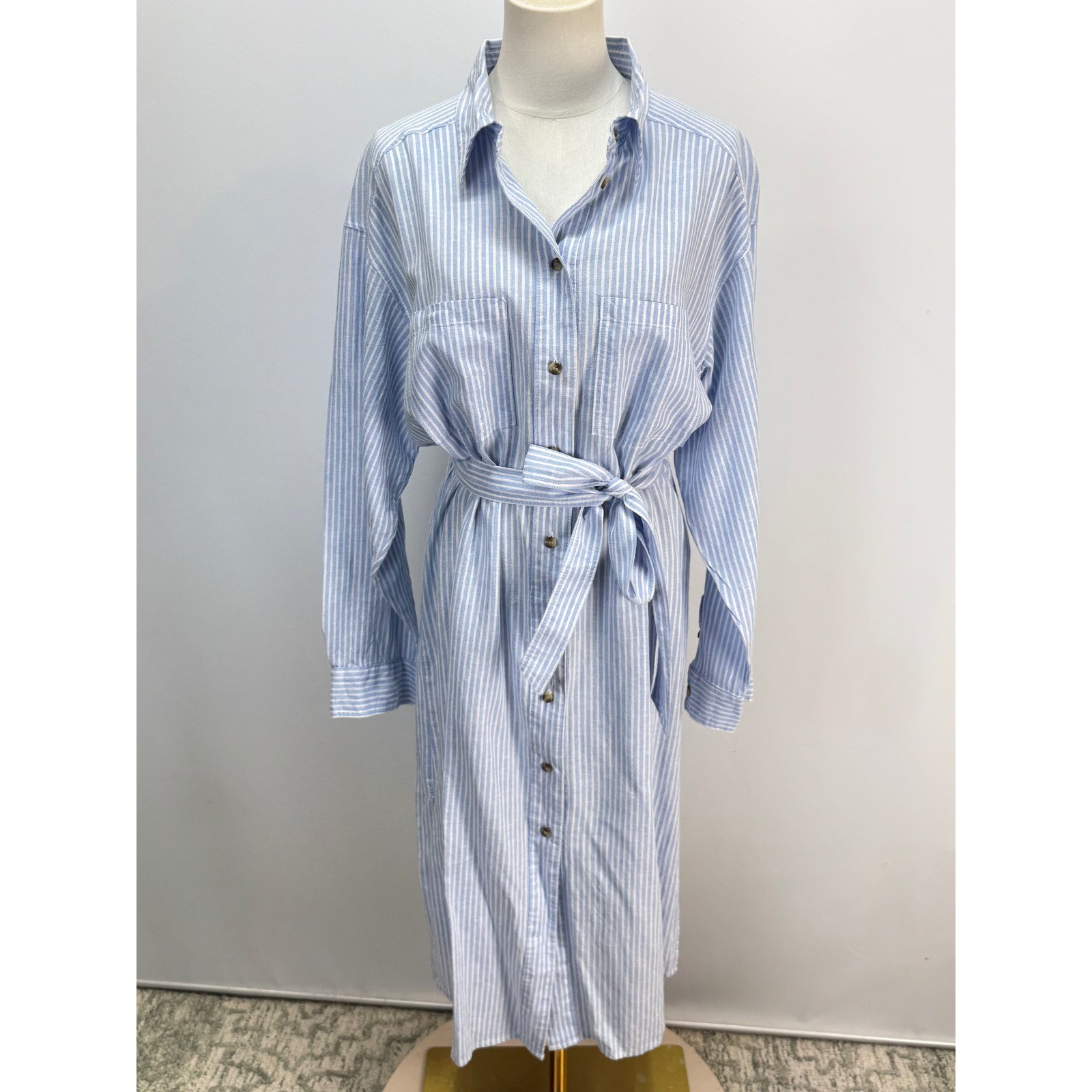 H&M Light Blue White Striped Button Down Midi Shirt Dress with Tie Waist Belt