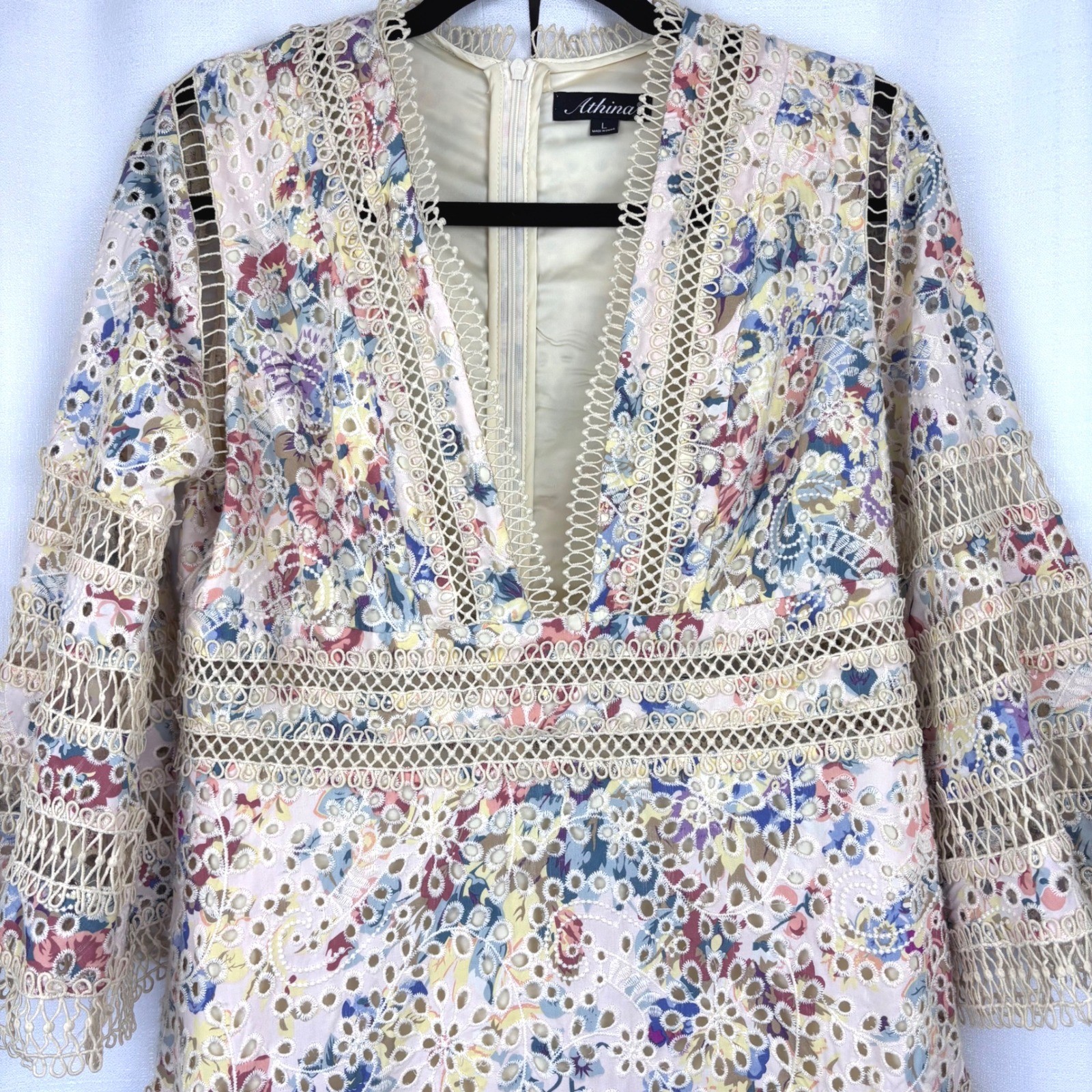 Floral Crochet Lace Eyelet Ruffle Tiered Mini Dress 3/4 Bell Sleeves Athina Sz L