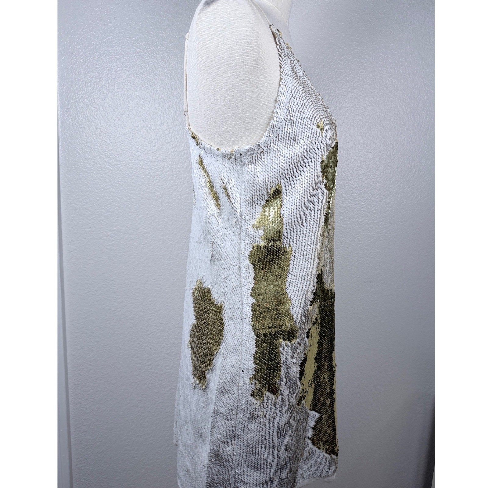 Intimately Free People Seeing Double Reverse Sequin Slip Mini Dress Gold Whit LG