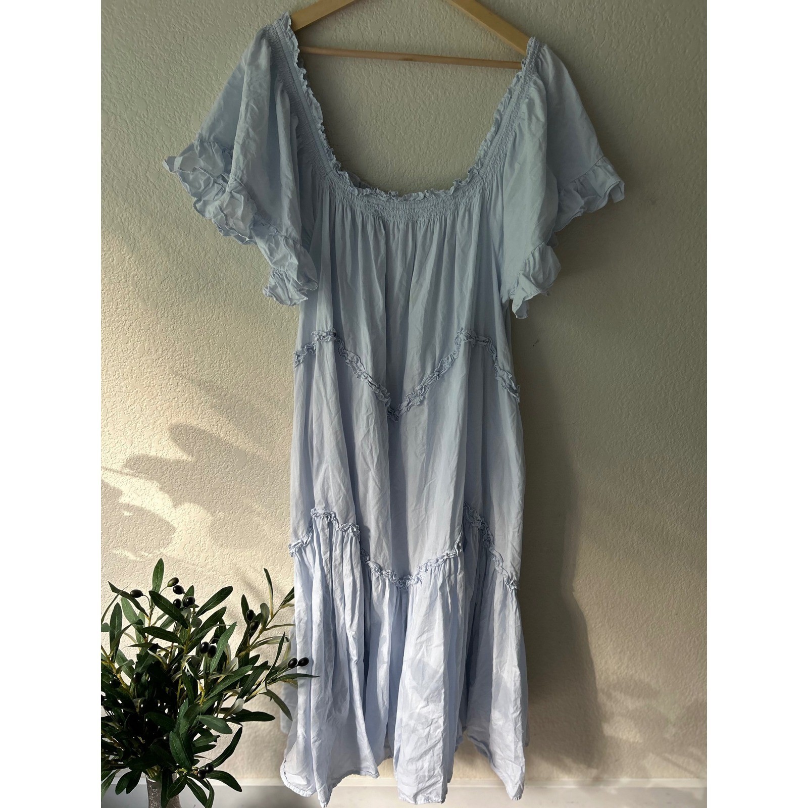 Free People Light Blue Tiered Ruffle Cotton Midi Dress Square Neck Large