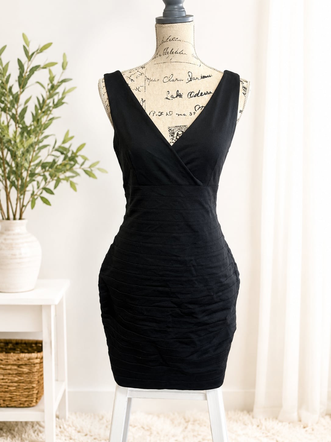 Express Women’s Black Sleeveless V-Neck Banded Ruched Bodycon Mini Dress