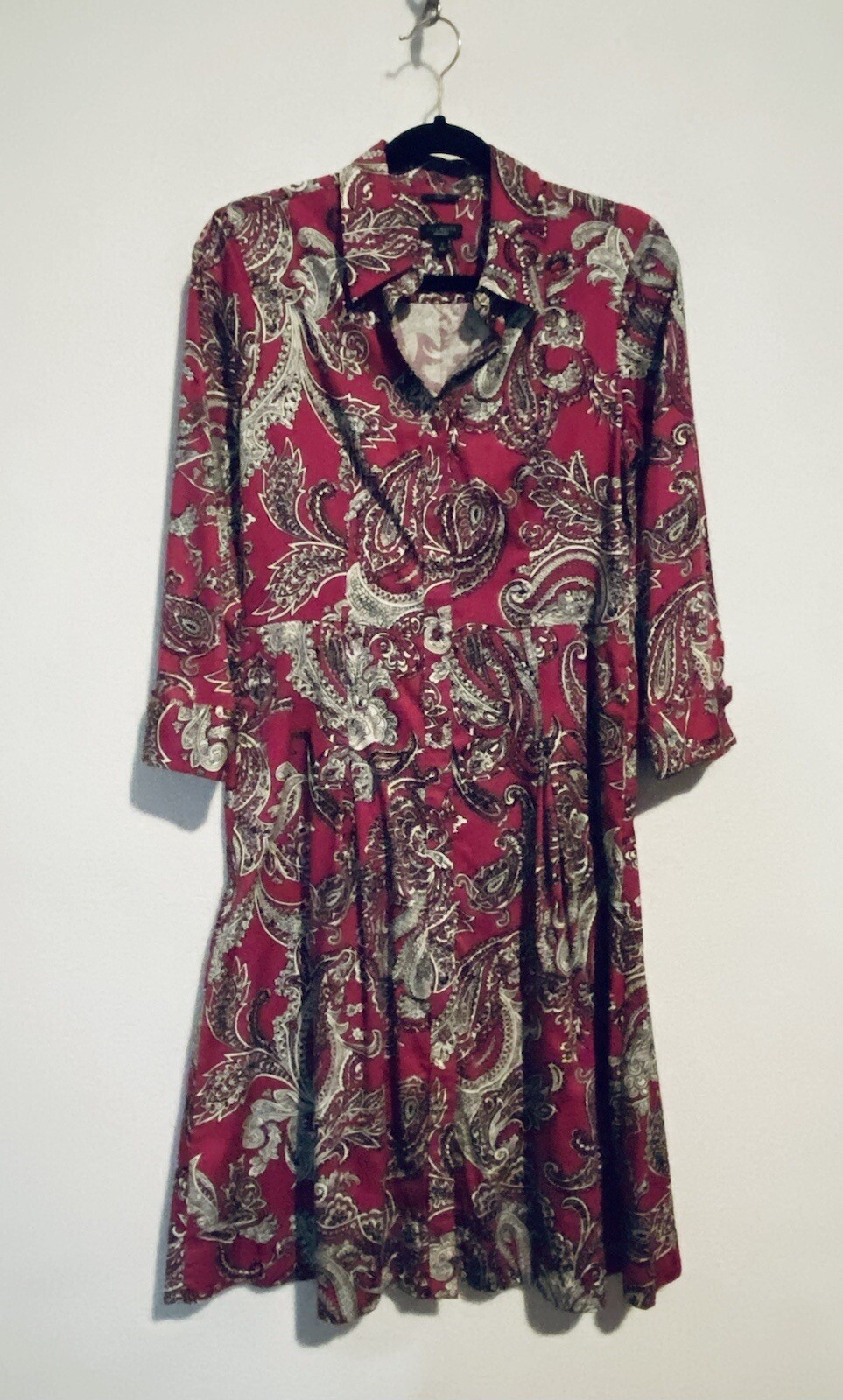 Talbots Shirt Dress Womens 4 Paisley Long Sleeve Cotton Pleated Skirt Stretch
