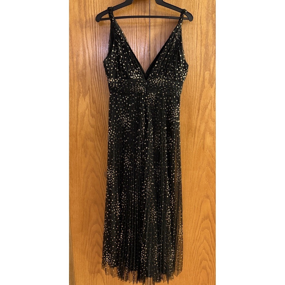 Jill Jill Stuart Black Gold Polka Dot Pleated Tulle V-Neck Gown Dress Size 6