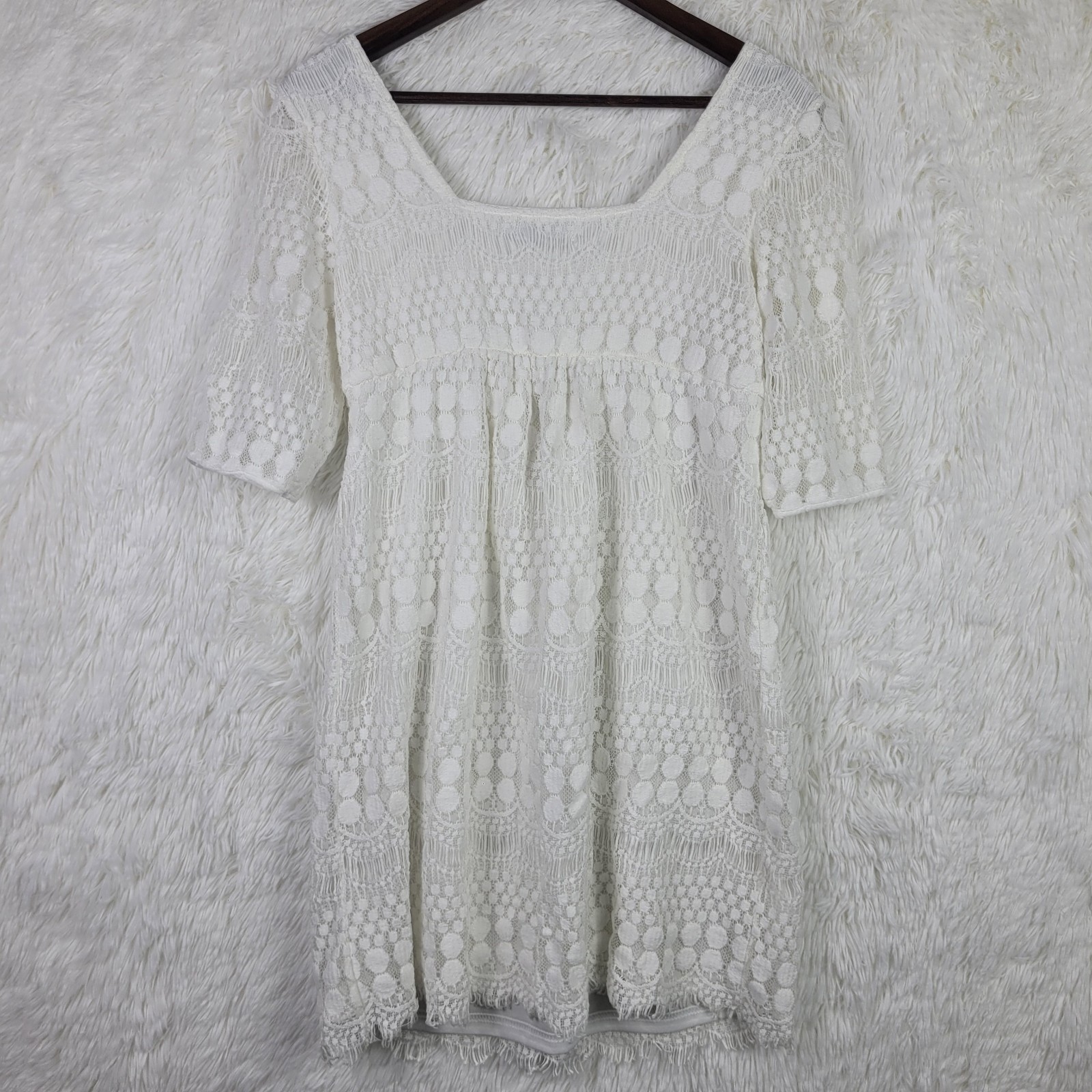 Solitaire Crochet White Knee Length Lined Tiered Dress Fringe Cottagecore Sz Med