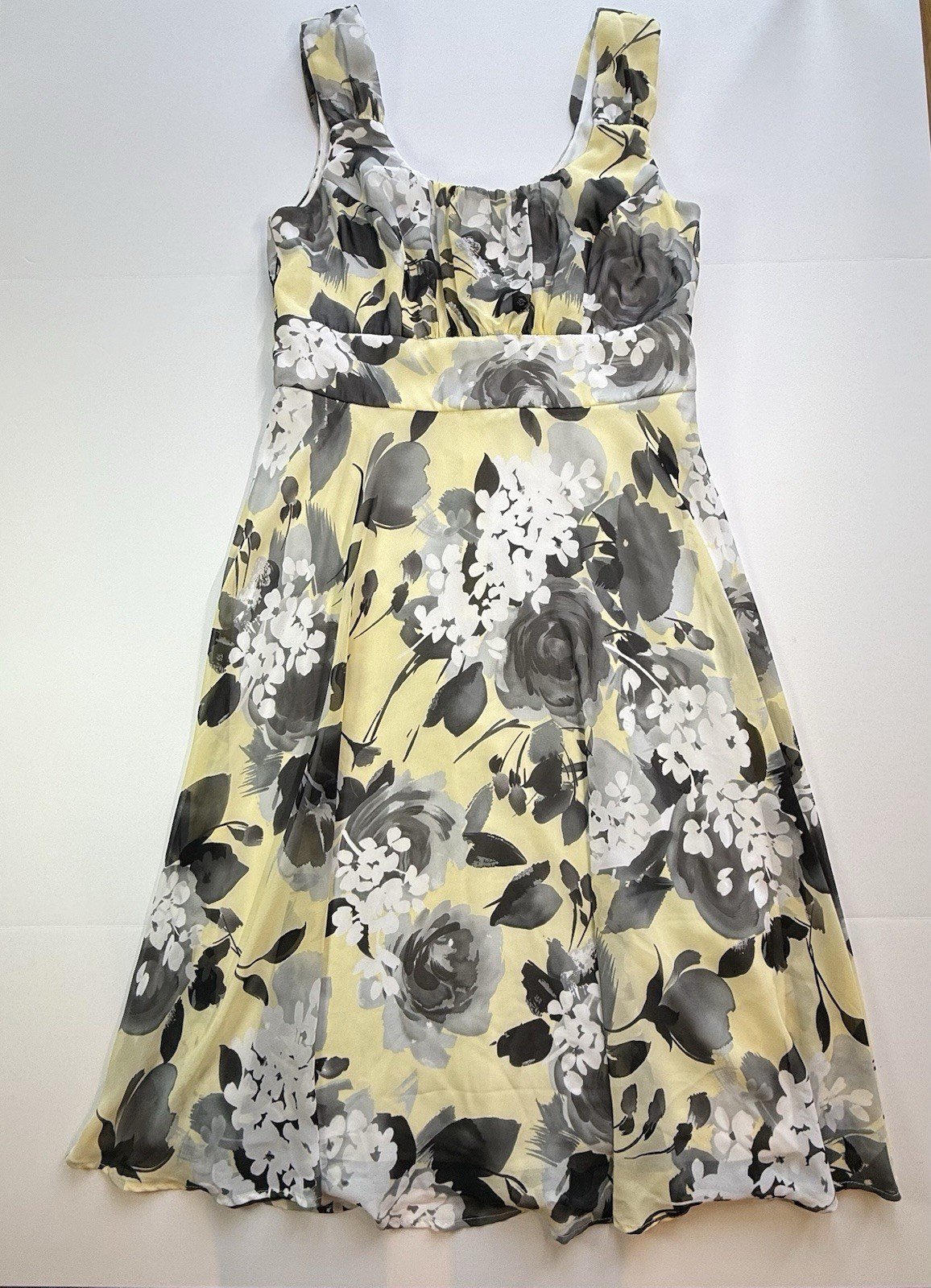 Connected Apparel Size 10 Yellow/Gray/White Floral A-Line Square Neck Zip Dress