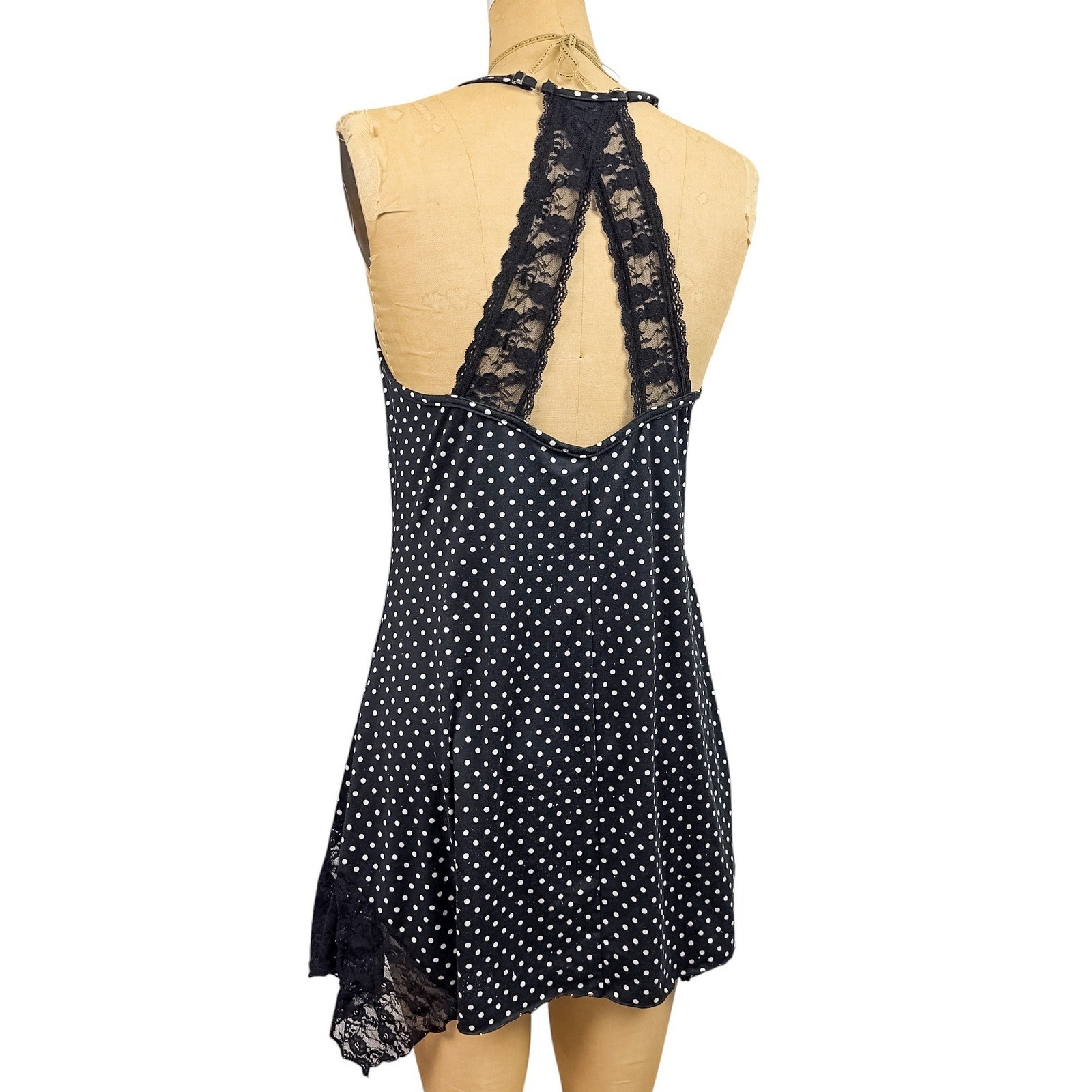 Y2K Polka Dot Mini Slip Asymmetrical Lace Hem Dark Coquette Babydoll Size M