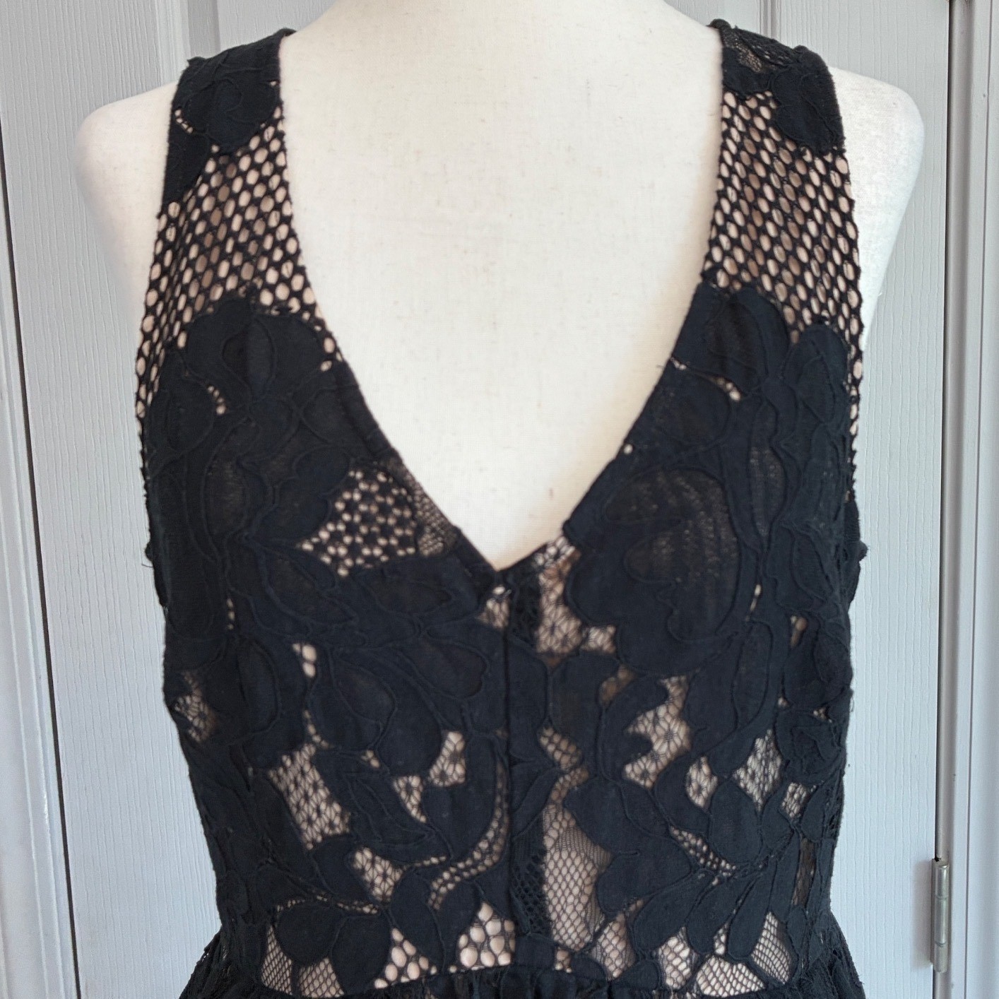 Ali & Jay Black Floral Lace Mesh V-Neck Fit & Flare Mini Dress Nude Lining M