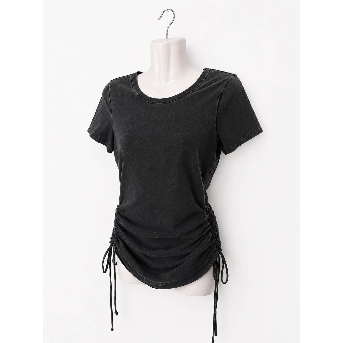 Express Dark Gray Ruched Drawstring Mini Dress Size Small Acid Wash Short Sleeve