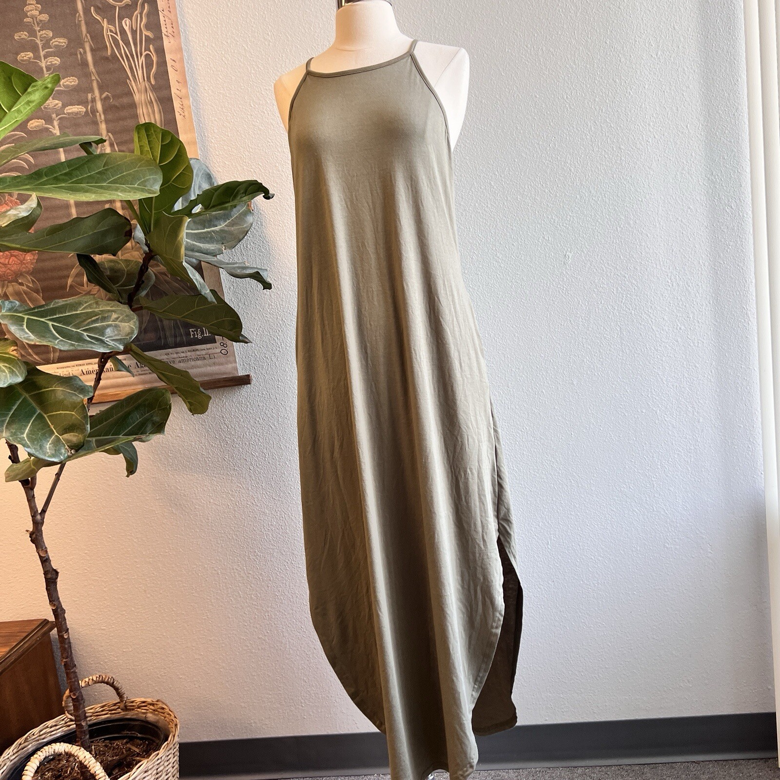 Anrabess Olive Green Maxi Sundress Pockets Casual Beachy Short Sz M