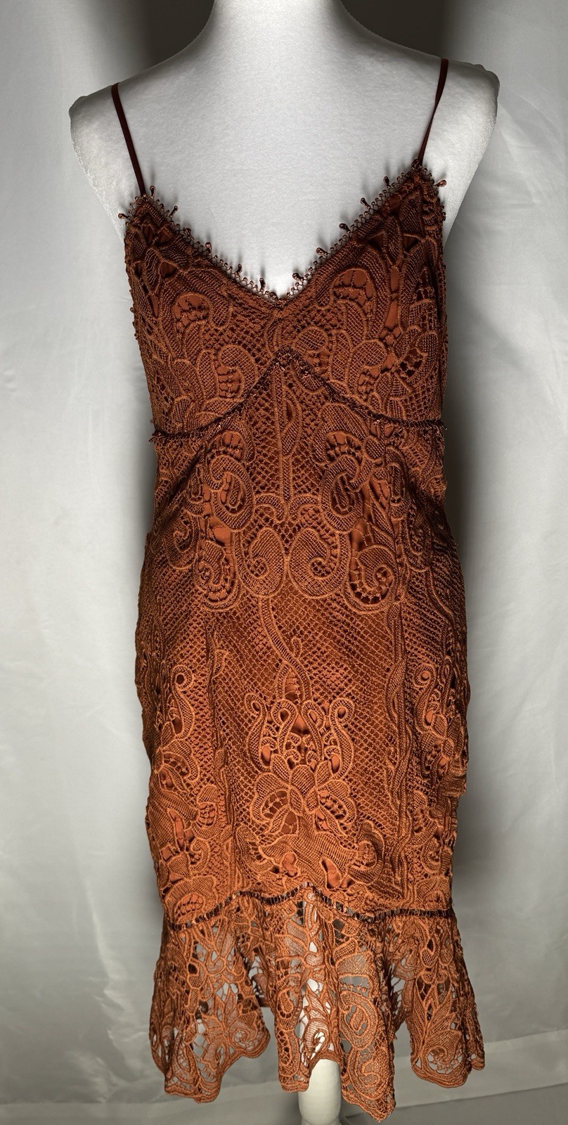 Rust Orange Lace Mini Dress Boho Spaghetti Strap Crochet Flounce Hem