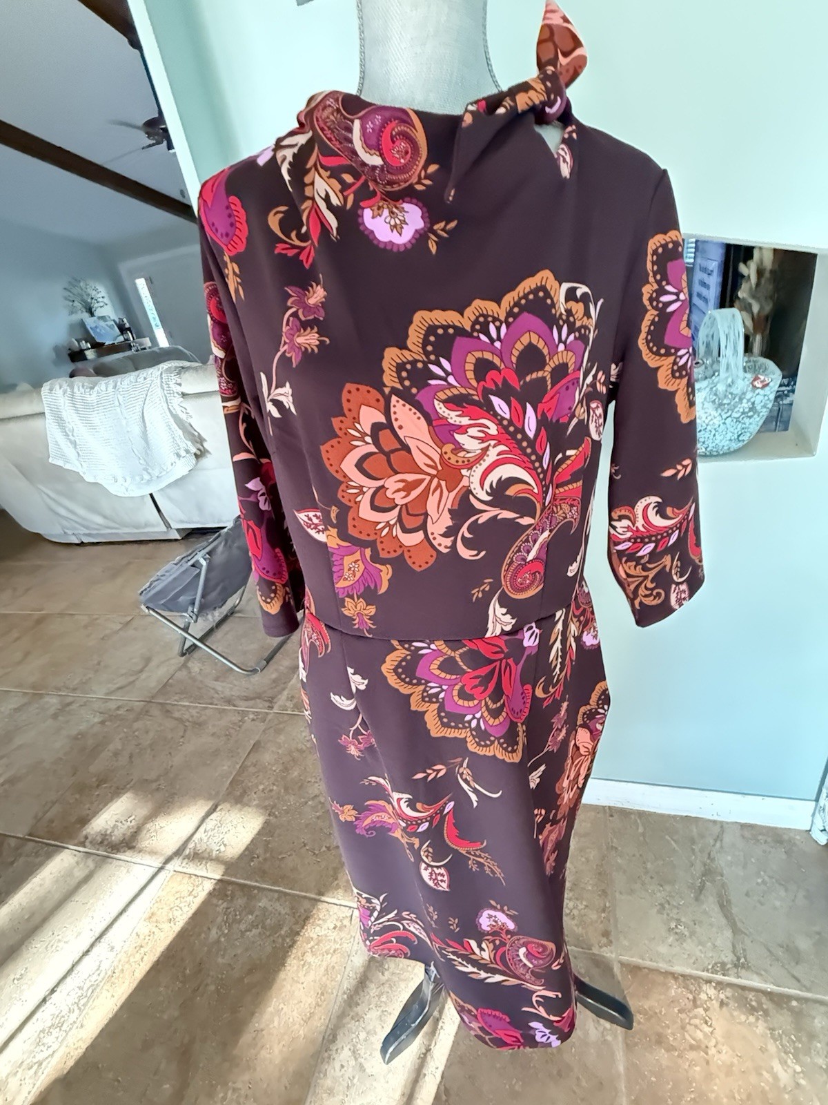 Liz Claiborne Floral Sheath Dress Womens 14 Paisley 3/4 Sleeve Tie Neck nwot
