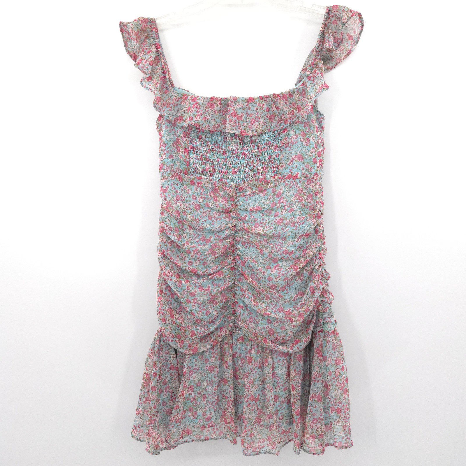 ASTR The Label Mini Dress Womens Small Teal Pink Floral Ruched Ruffle