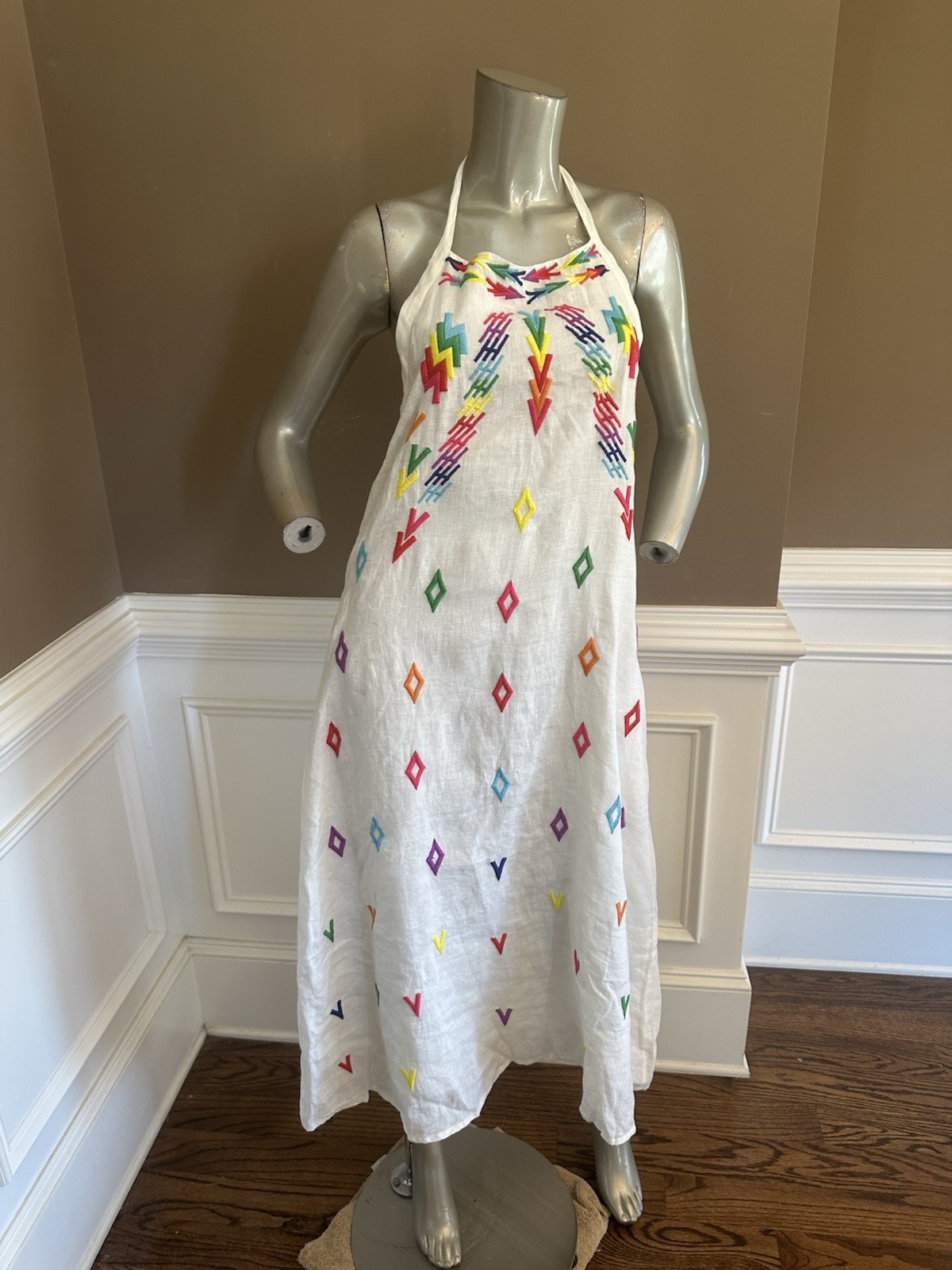NWT ALL THINGS MOCHI Linen Halter Embroidered White Midi Dress Sz Large
