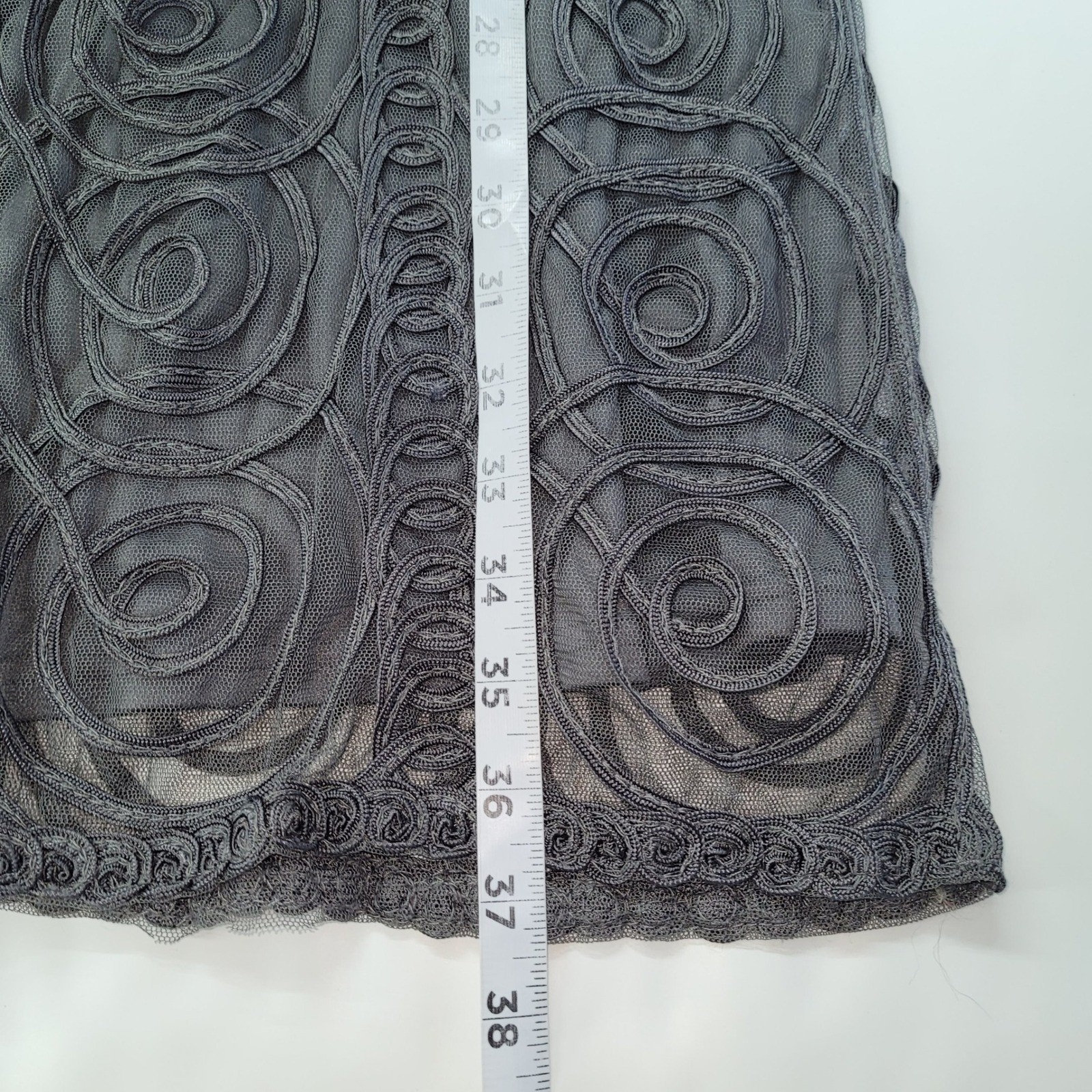 Weavz Designer Dress Gray Swirl Embroidered Mesh Overlay L Long Sleeve Sheath