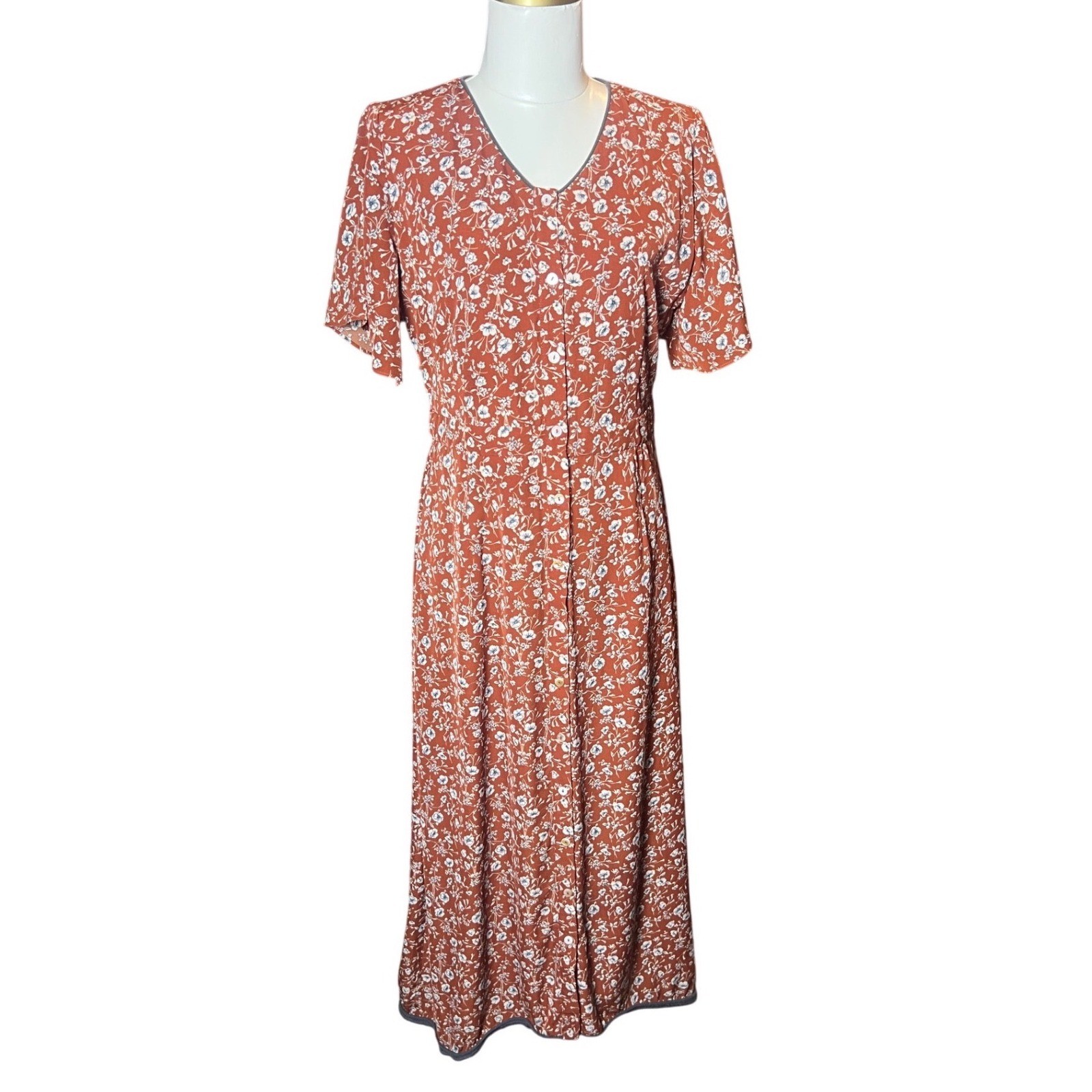 Jessica Robertson by Roolee Rust Orange Floral Midi Dress Short Sleeve Medium