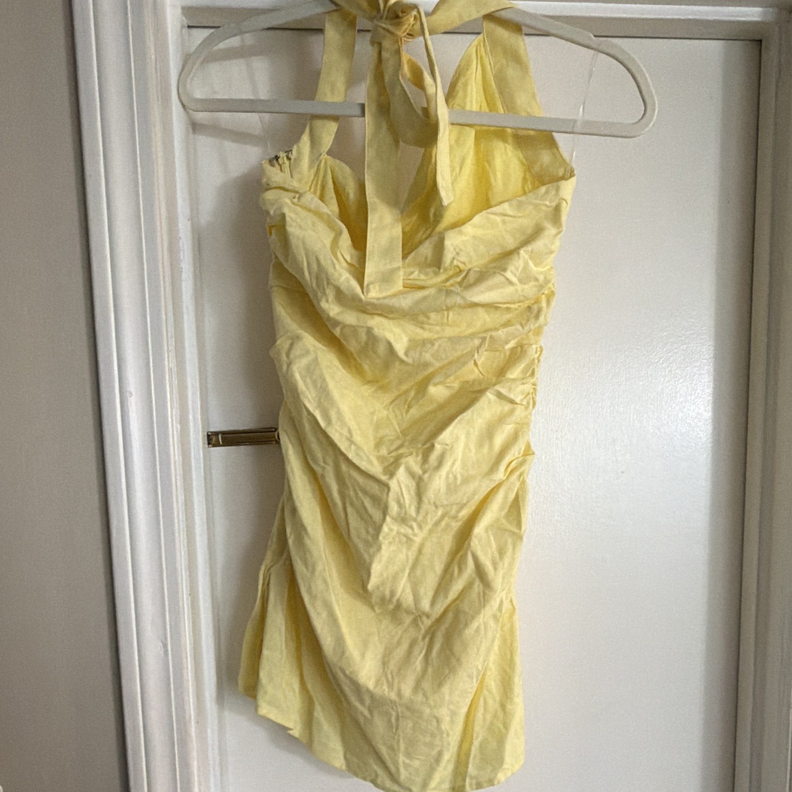 Pepper mayo Yellow Solid Linen Halter Sleeveless Ruched