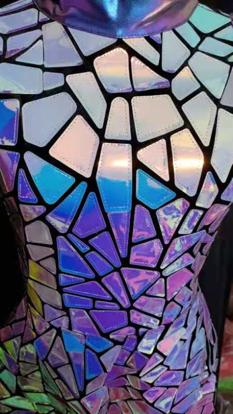 Purple Blue Laser Mirror Sequins Sleeveless Short Dress Women Singer Dancer