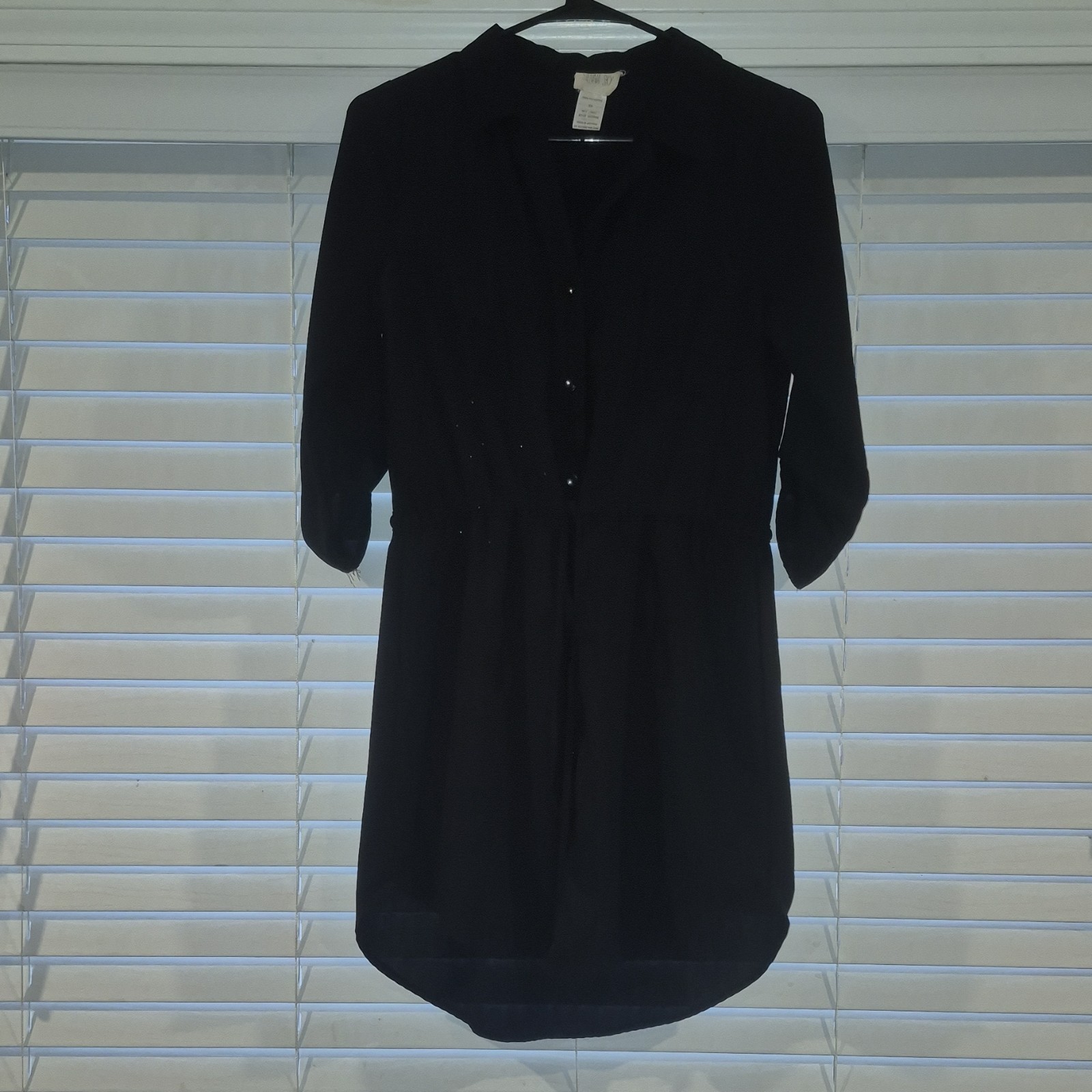 Sienna Sky Black Collared Shirt Dress Button Down Drawstring 3/4 Sleeve M