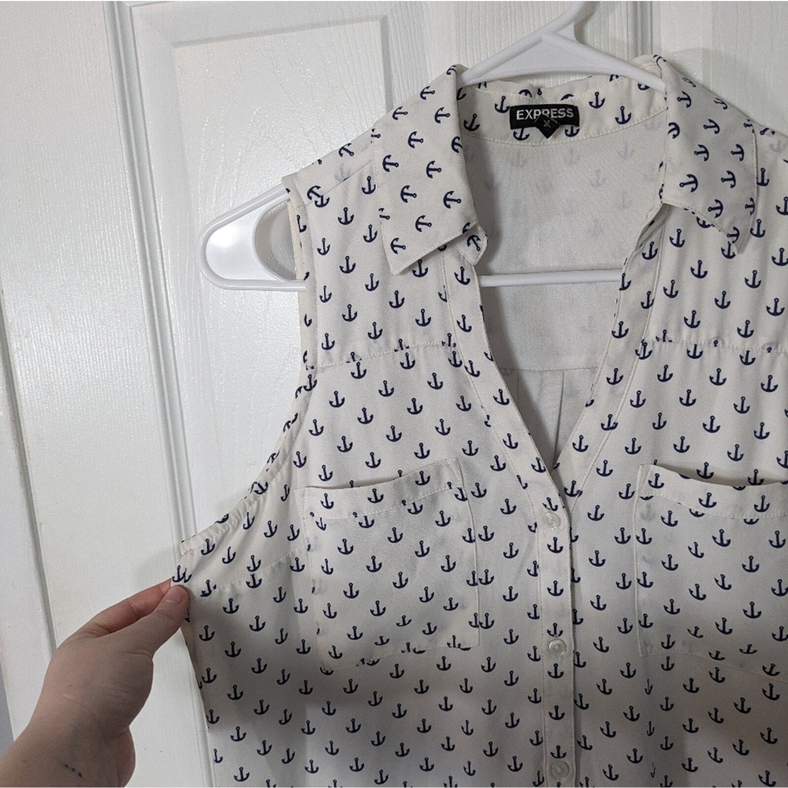 Express Anchor Print Button-Up Sleeveless White & Blue Nautical Dress Size S