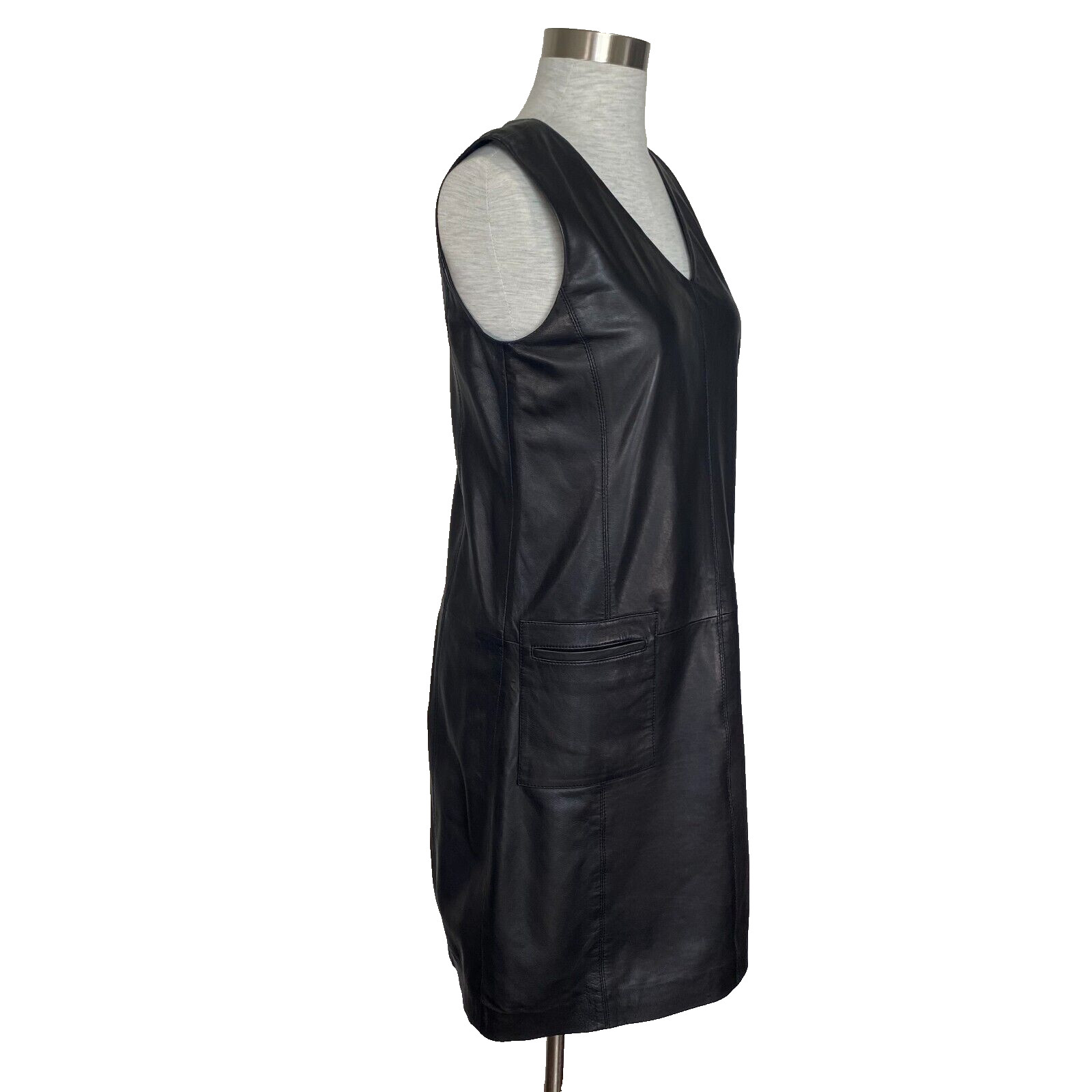 Halogen Black Leather A Line Sheath Dress Womens XS Sleeveless Knee Length VGC