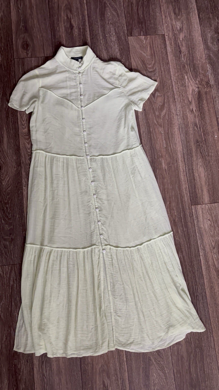 Rag & Bone Libby Tiered Seam Crinkle Dress Short Sleeve Flowy Midi Green Medium
