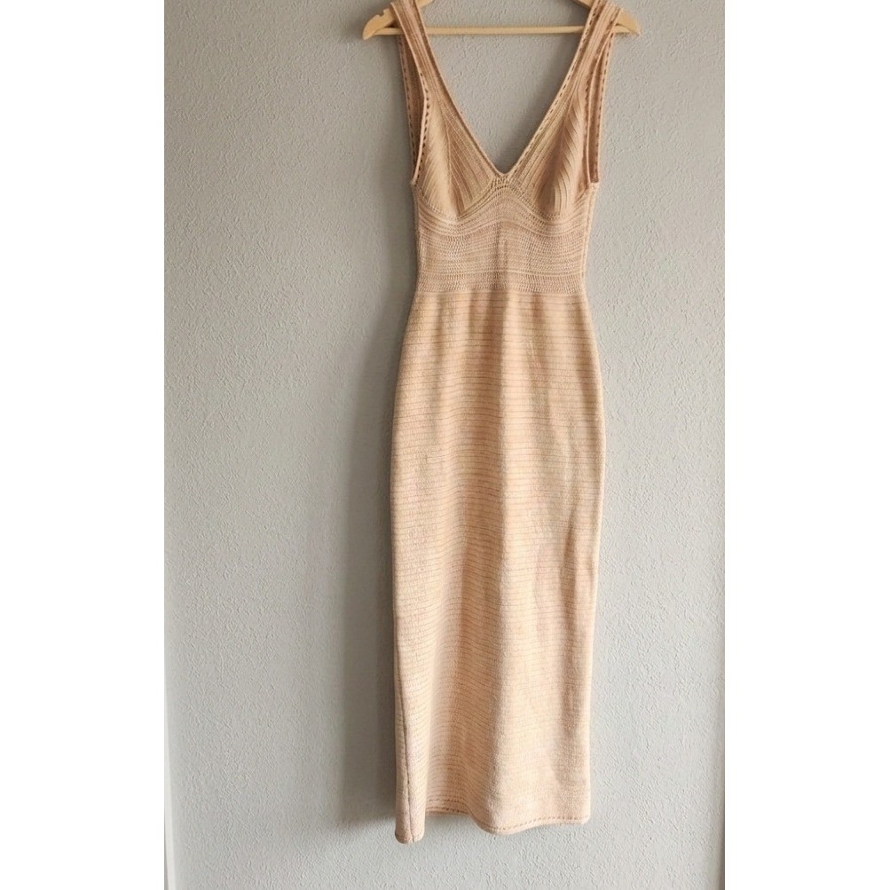 Torn by Ronny Kobo Tan Knit Midi Dress Open Back V-Neck Sleeveless Tan Med NWOT