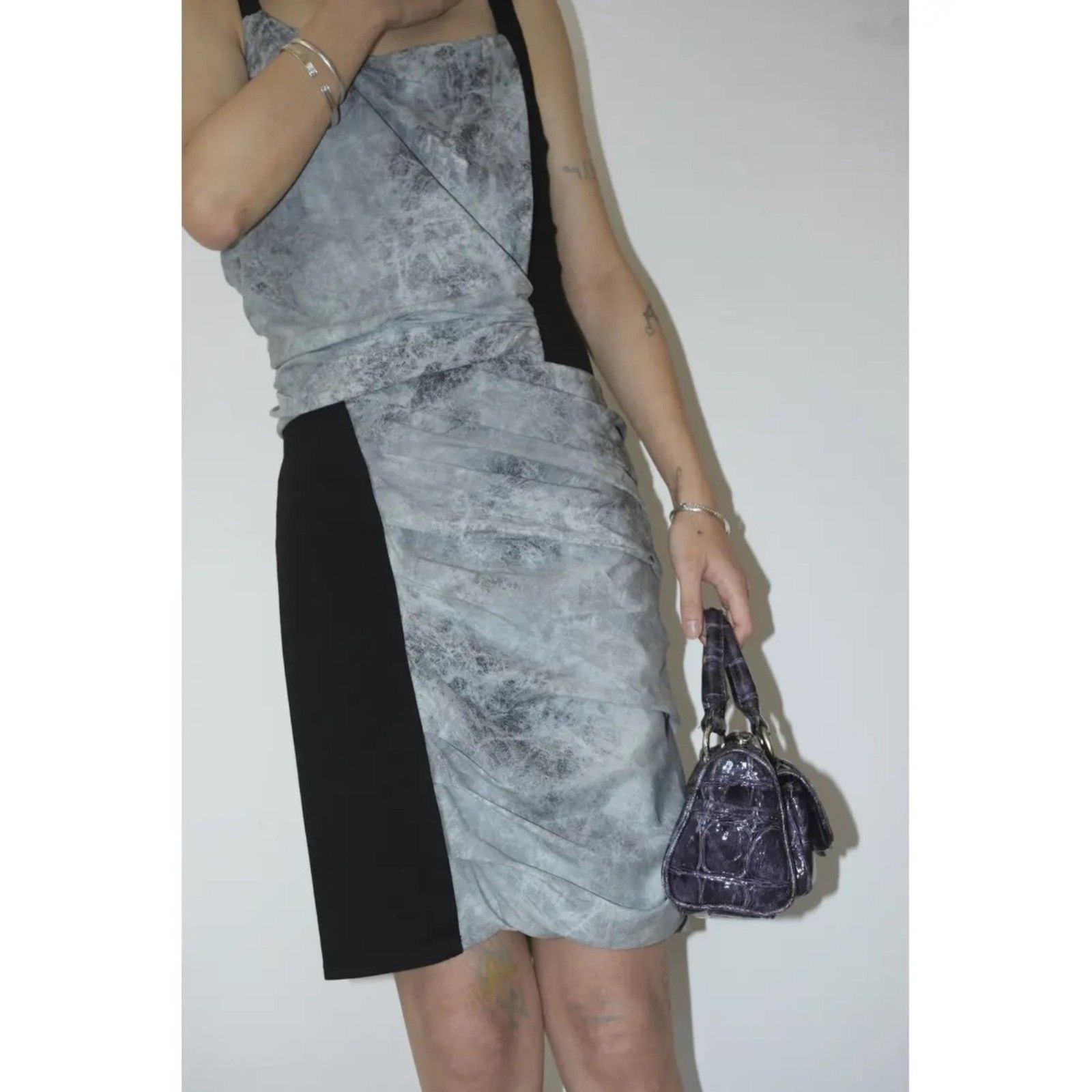NWOT Helmut Lang Silk Draped Colorblock Graphite Grey & Black Mini Dress Size 2