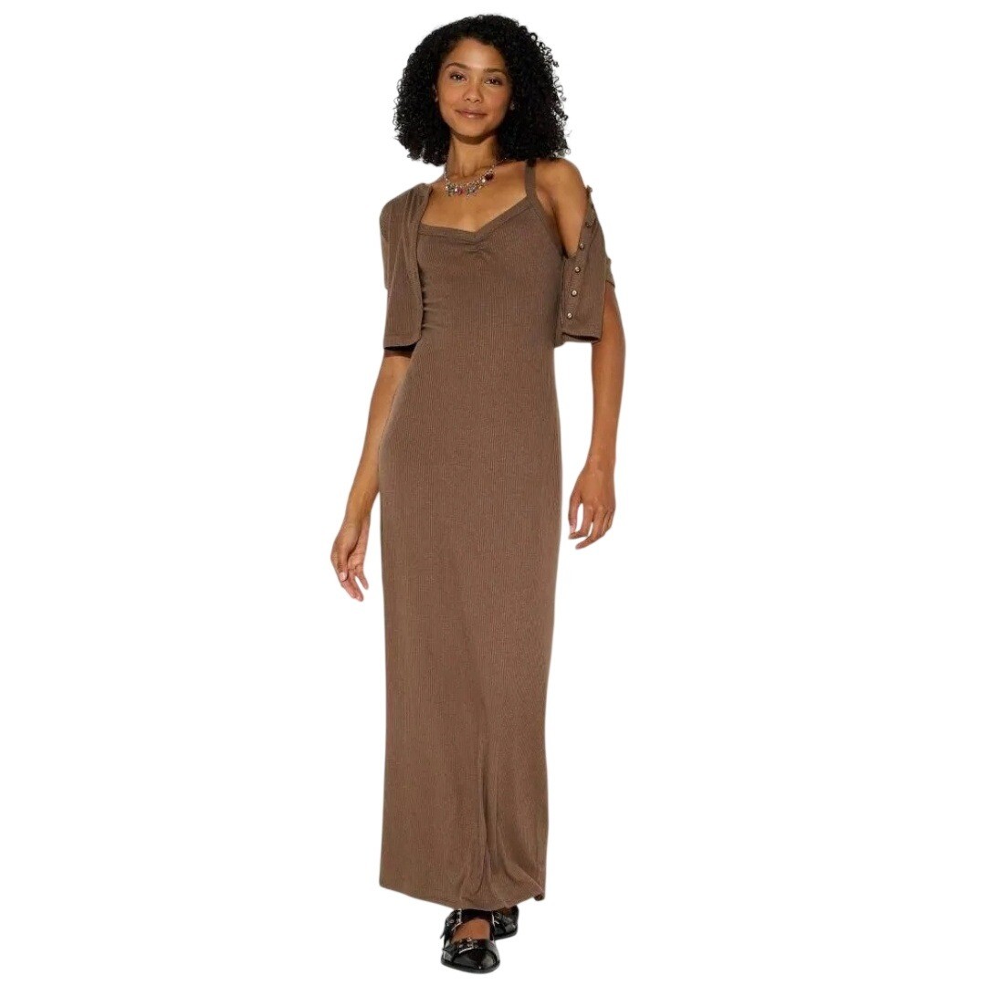 Wild Fable Women’s Brown Ribbed 2pc Maxi Dress and Cardigan Set Size XS