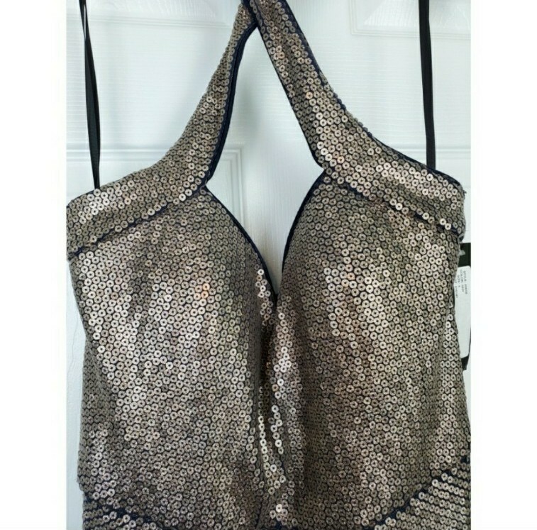 Xscape allower sequin glitter crisscross halter gown maxi dress size 4 brown NWT