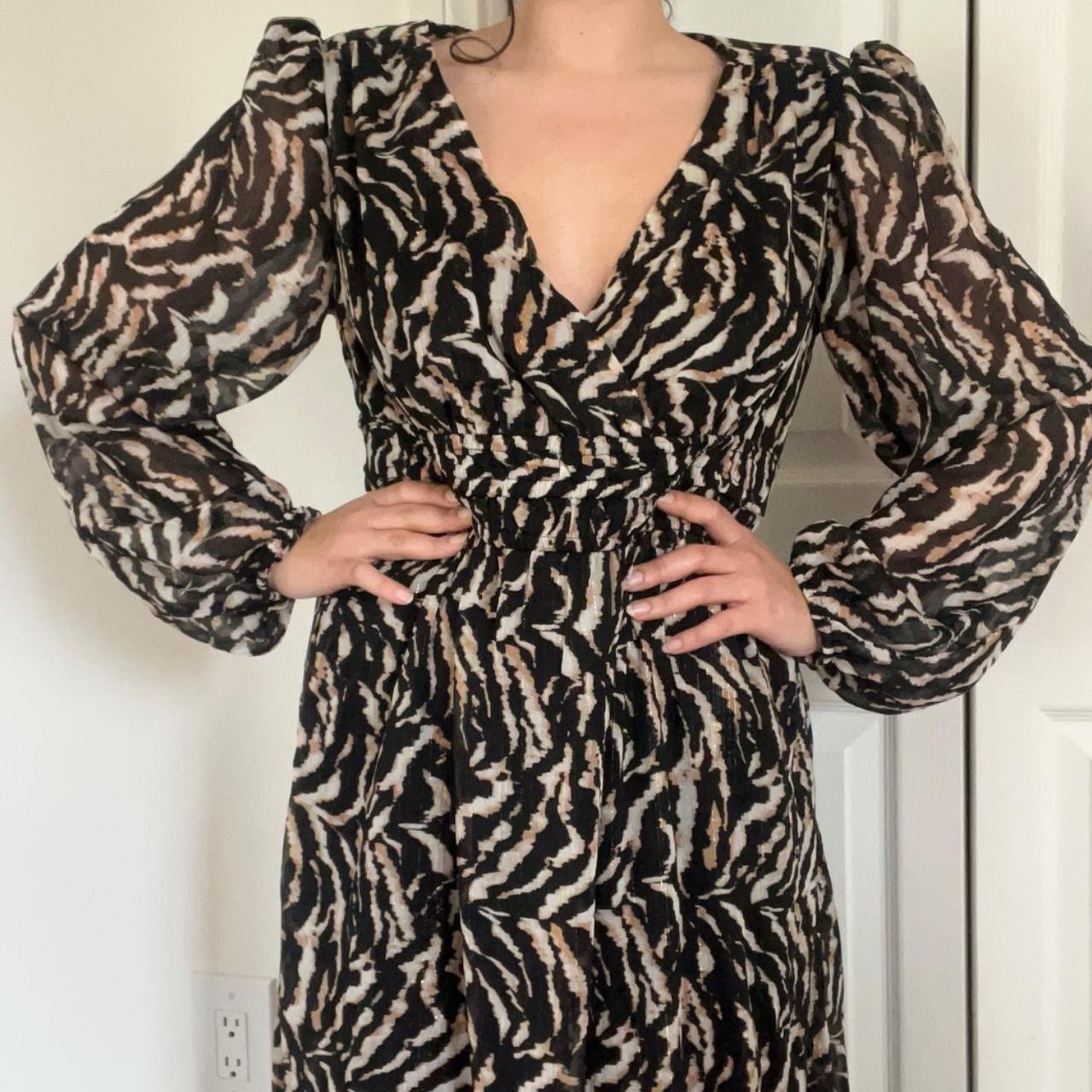 Sofia Jeans by Sofia Vergara Black Beige Animal Print V-Neck Maxi Dress M