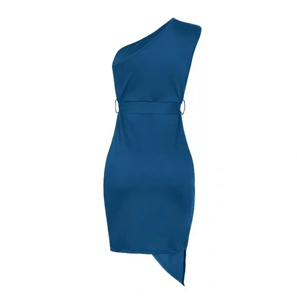 Blue Inclined Vestidos Shoulder Asymmetrical Solid Party Midi Dress Size L