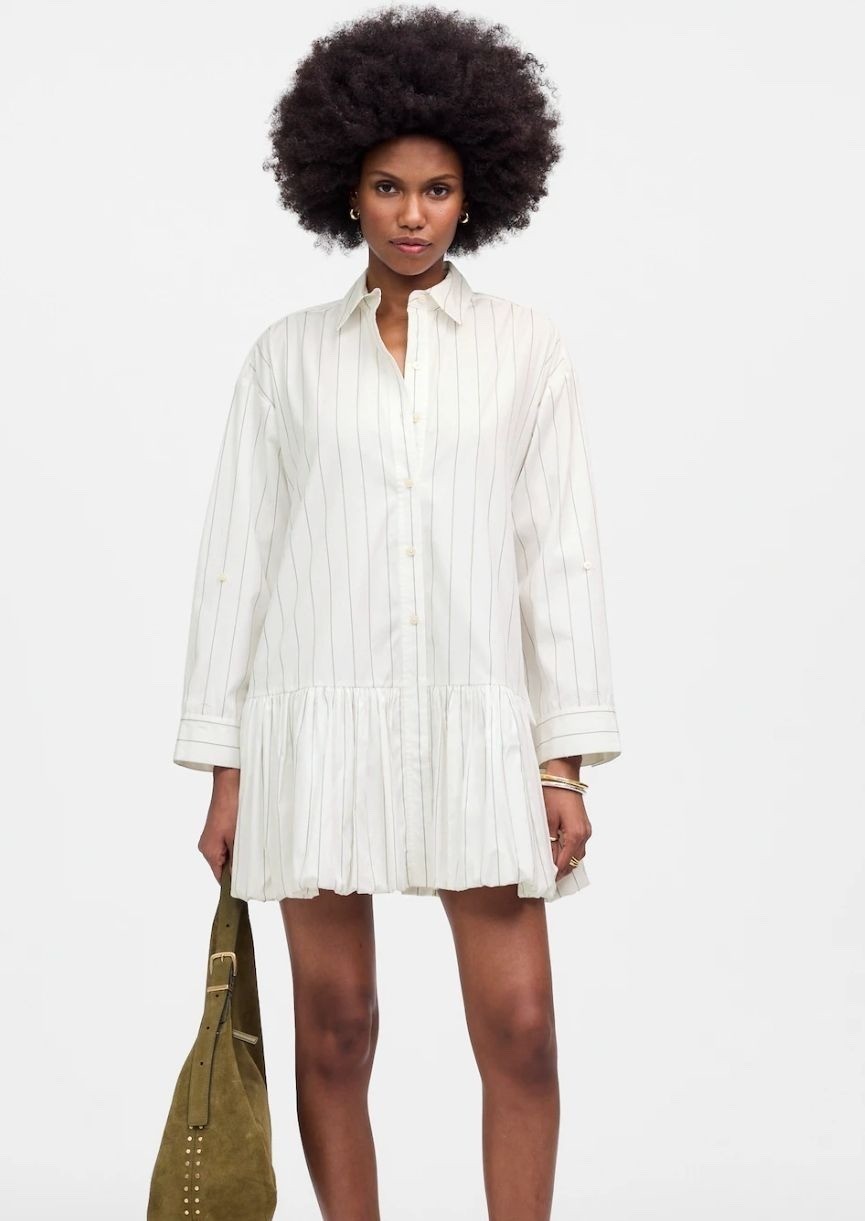 Madewell Bubble-Hem Mini Shirtdress in Pinstripe Poplin Women’s Size S NWT!