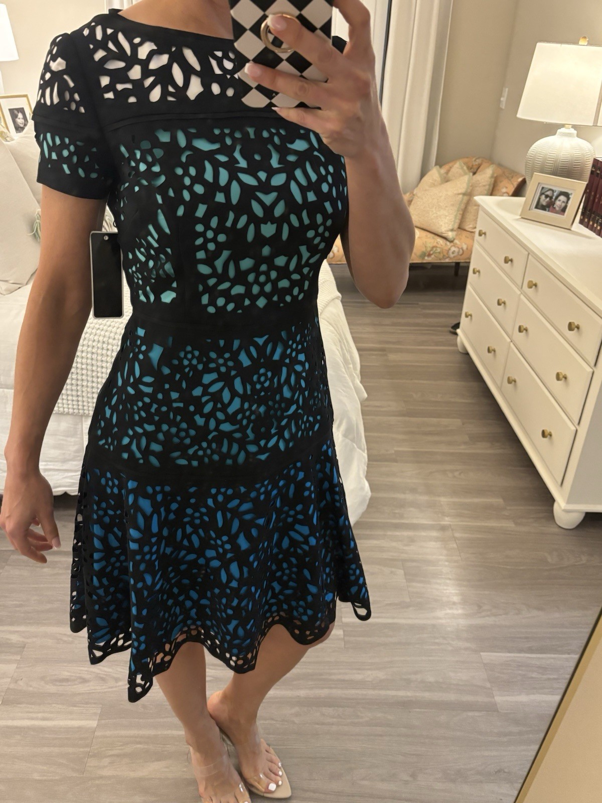 SHANI Black/Teal/Blue Floral Cutout Fit & Flare Knee Dress Short Sleeve 8
