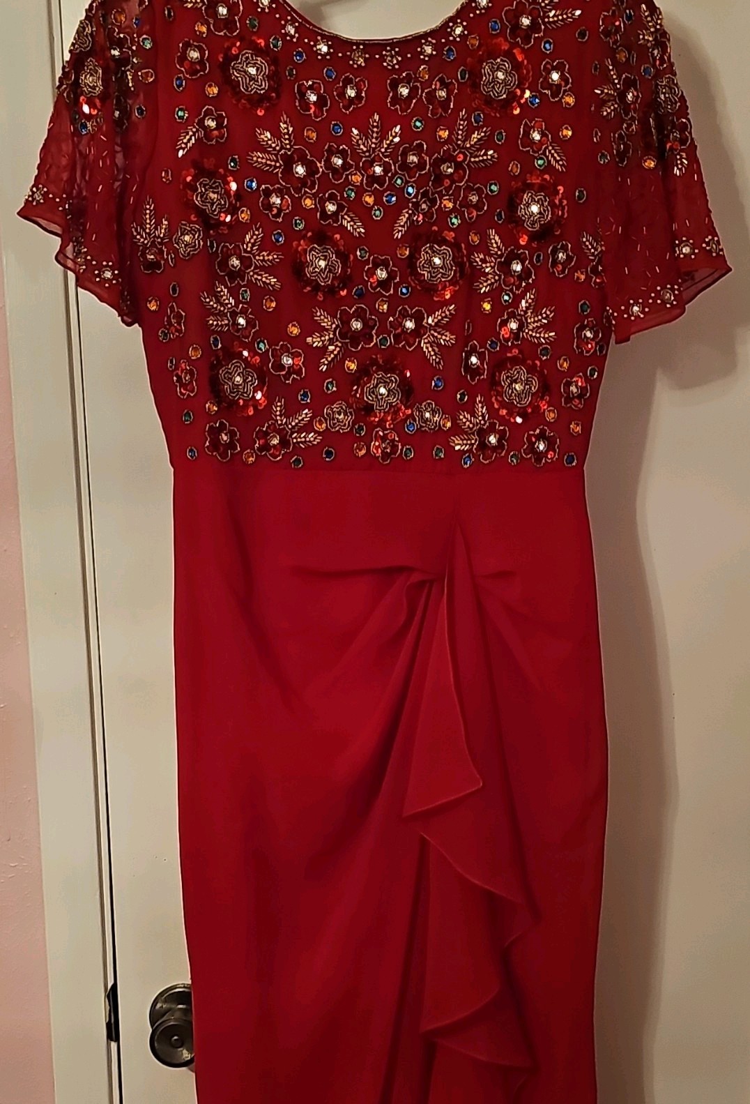 Virgos Lounge Red Maxi Long Chiffon Beaded Sequin Floral Round Neck UK 8