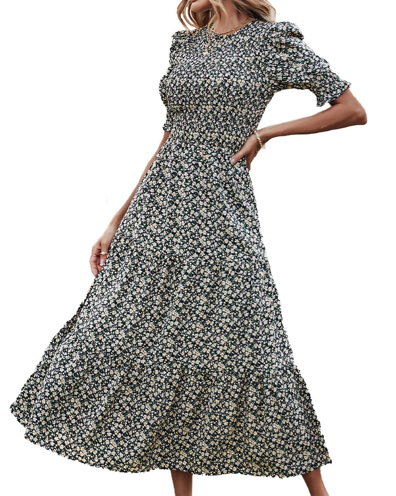 BTFBM Women Maxi Dress Floral Black Apricot Ruffle Short Sleeve Casual Small