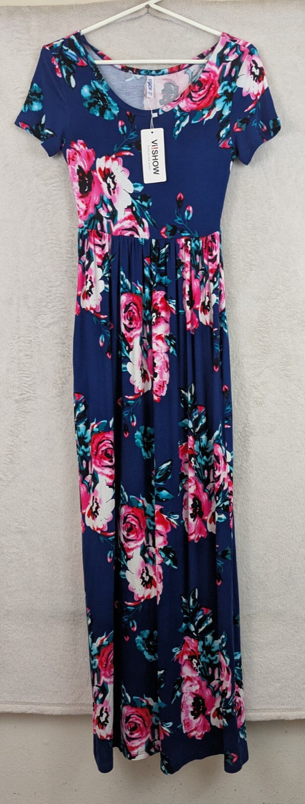New VIISHOW sz XS Maxi Dress knit blue with floral print ss stretchy 0433