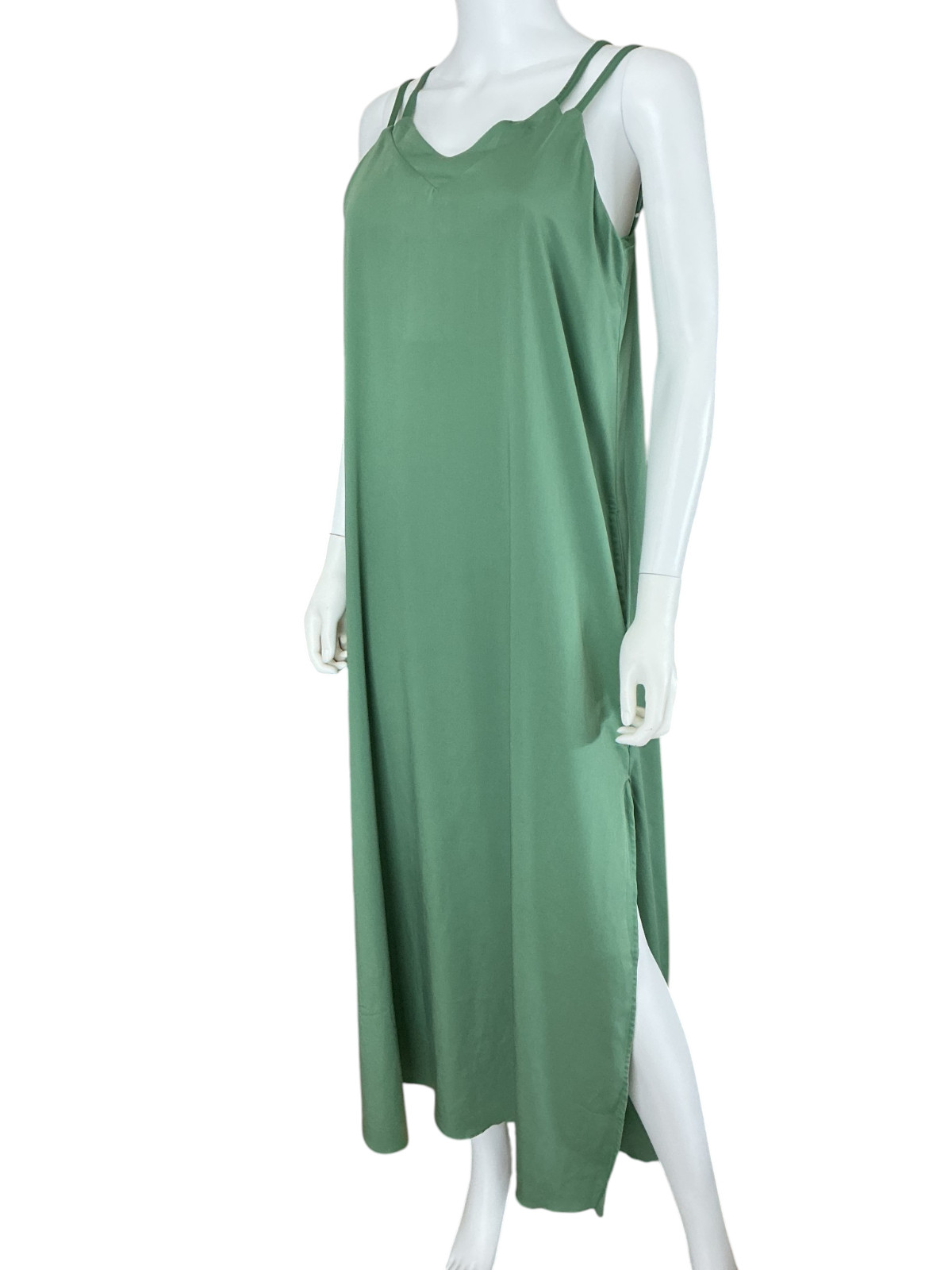 SheBird The Savannah Strappy Maxi Bra Dress Green Bamboo Blend sz 4 Slit Pockets