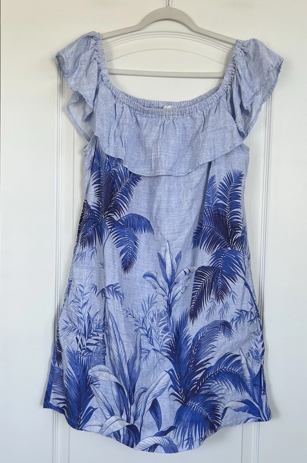 TOMMY BAHAMA Blue Off The Shoulder Linen Palm Tree Dress Size XL Mini Coastal
