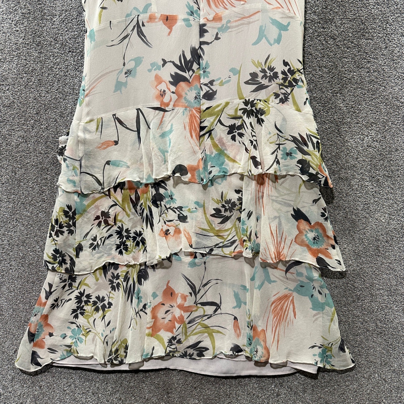 David Warren 100% Silk Tiered Ruffle Midi Dress Size 12 Floral Fairy Romantic