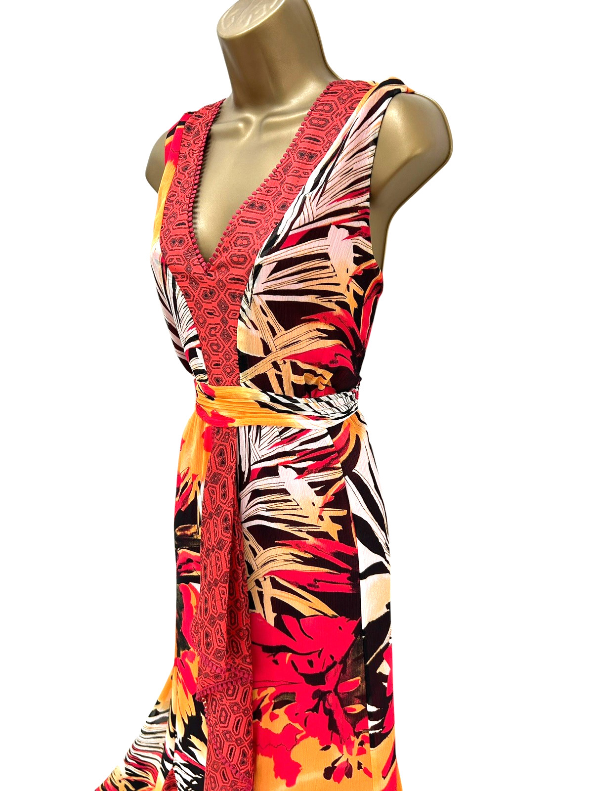 Per Una Maxi Dress Size 18 Long Orange Red Sleeveless Belted Full Length M&S