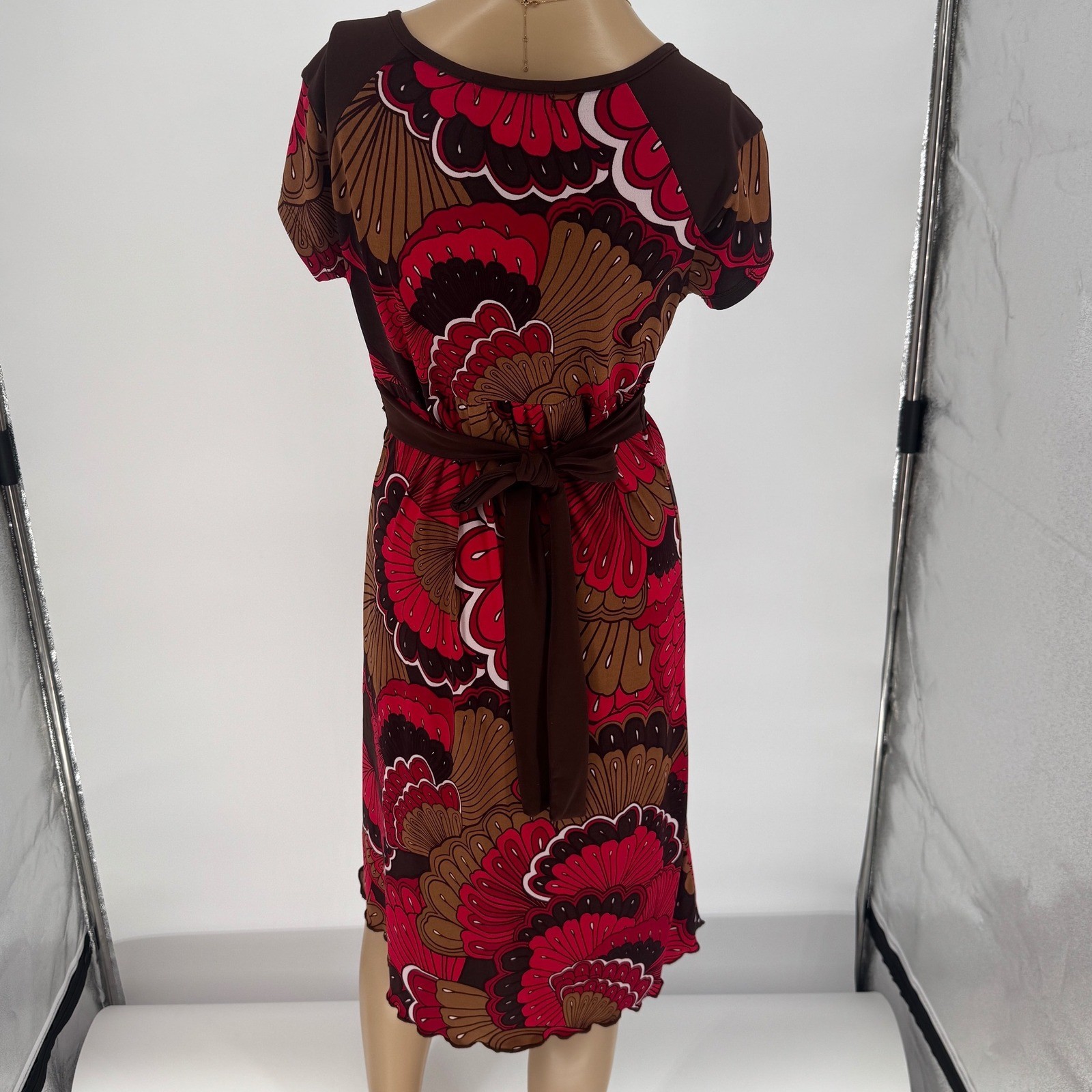 Volume One Red Brown Psychedelic Floral V-Neck Faux Wrap Dress Size M Y2K Retro