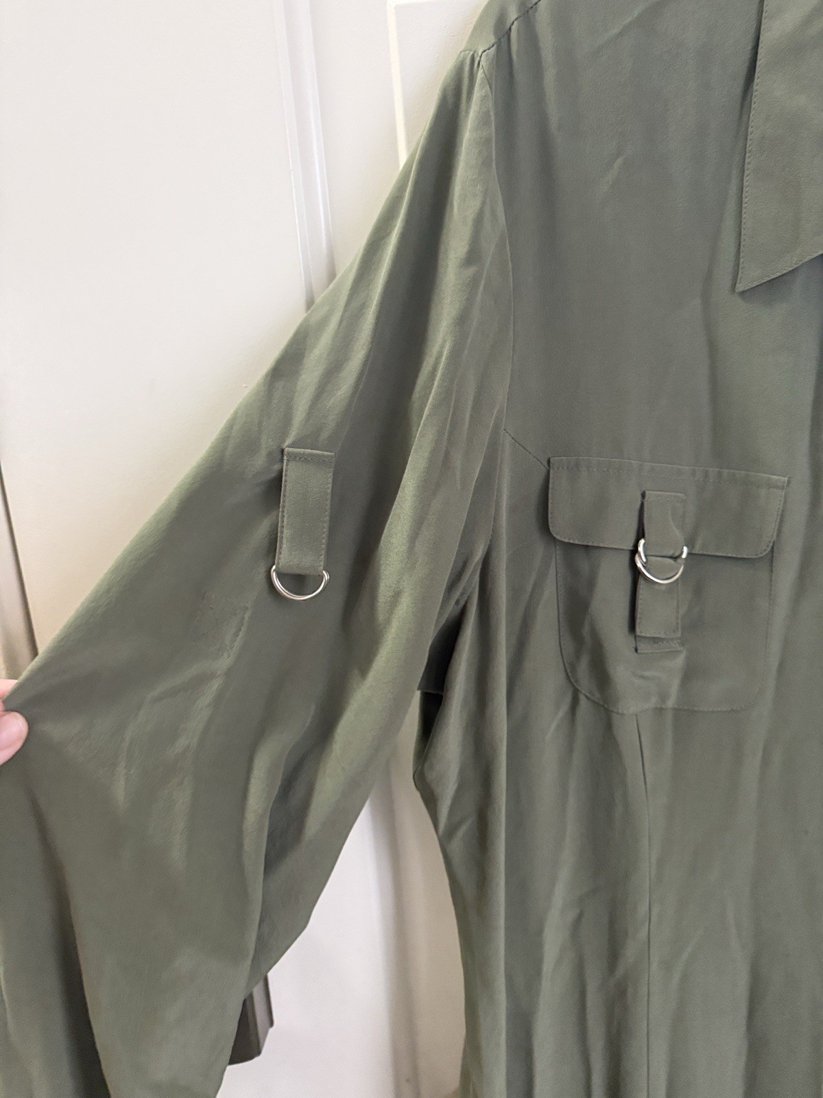 Spiegel Green Silk Solid Collared Button-Front Shirt Dress Long Sleeve Midi 16