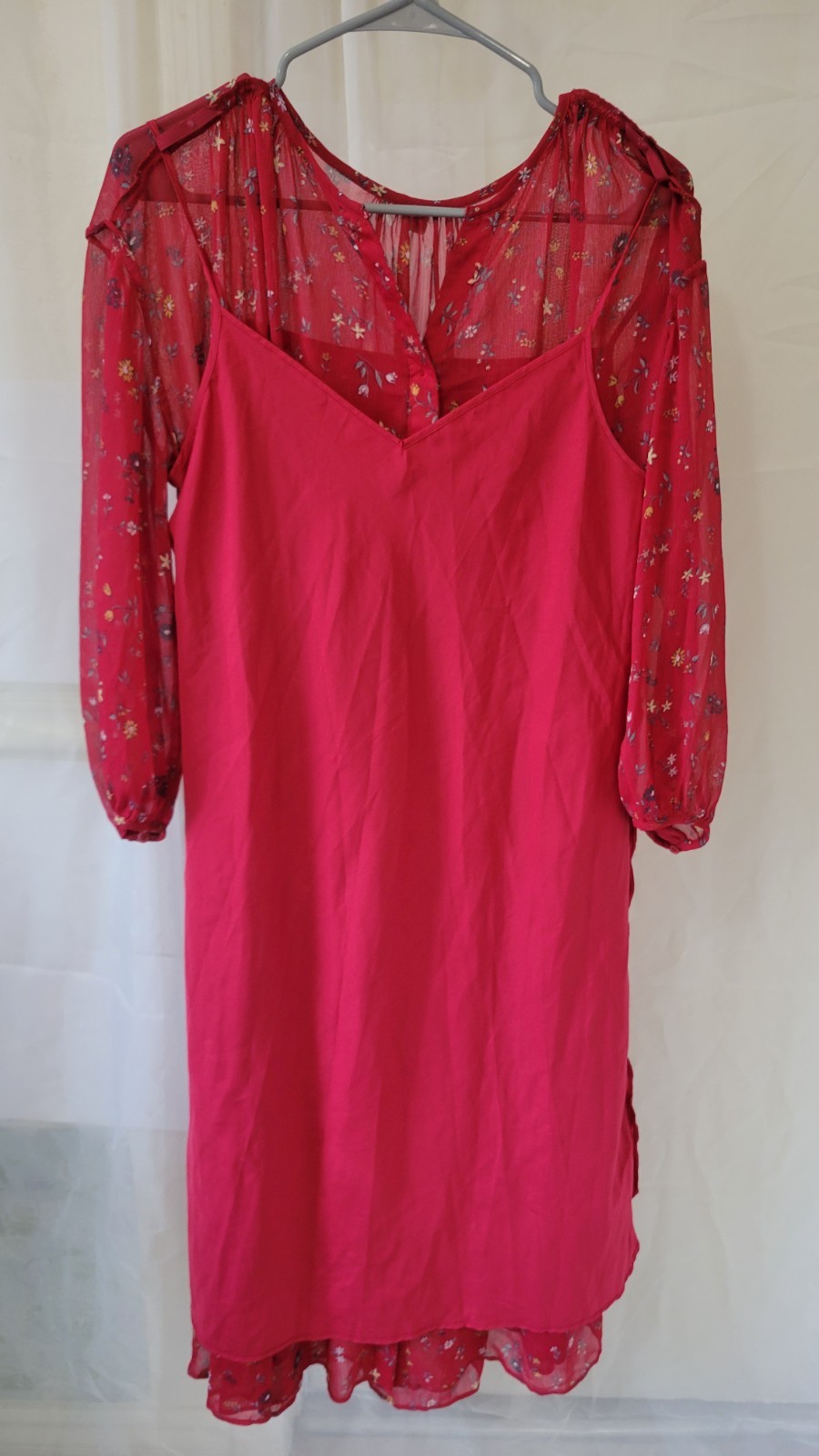 Uniqlo Sheer Women Drawstring Waist Button Down Red Floral Boho Midi Dress, sz M