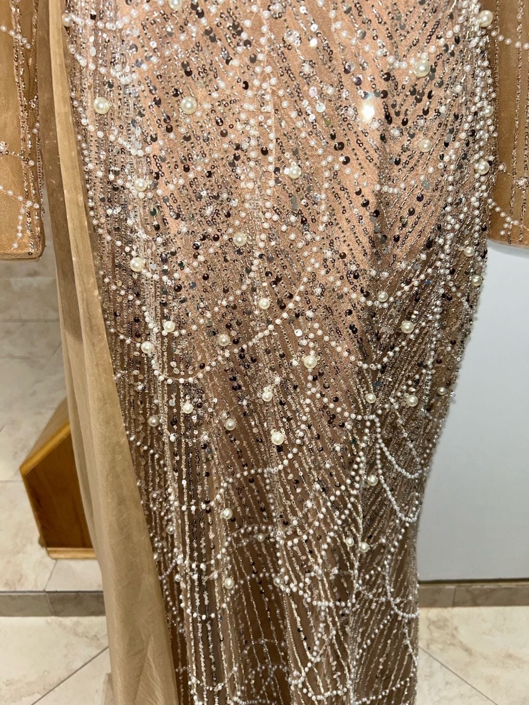 Champagne Long Sleeve Evening Gown with Pearl and Sequin Beading