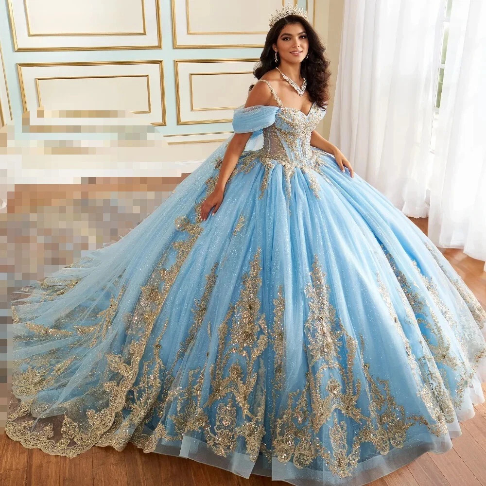 Blue Princess Quinceanera Dresses Gold Lace Applique Cape Ball Gowns Sweet 15 16