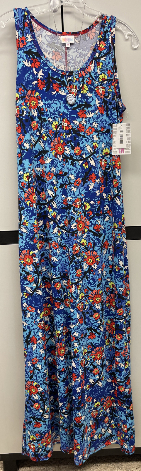 NWT Lularoe Medium Blue Orange White Green Floral Dani Long Column Dress